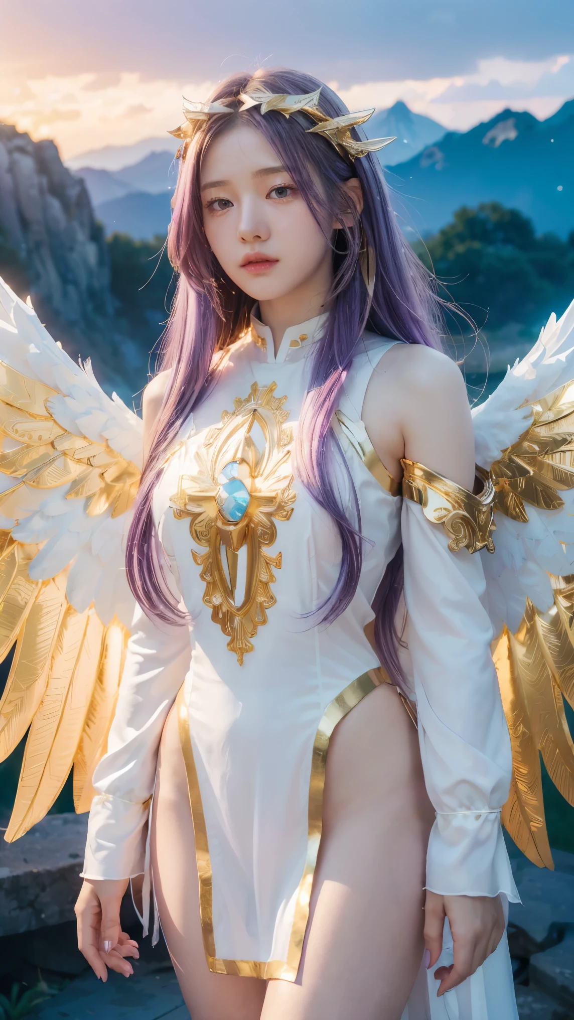 ((masterpiece, best quality, extremely detailed), volumetric lighting, ambient occlusion, colorful, glowing),
1girl, solo, young girl, (purple hair), long hair, halo, aura, sacred, goddess, cleric suit, (white outfit with gold detailst:1.3), angel wings,
outdoors, sunset, sky, clouds, space, (fantasy theme:1.2),