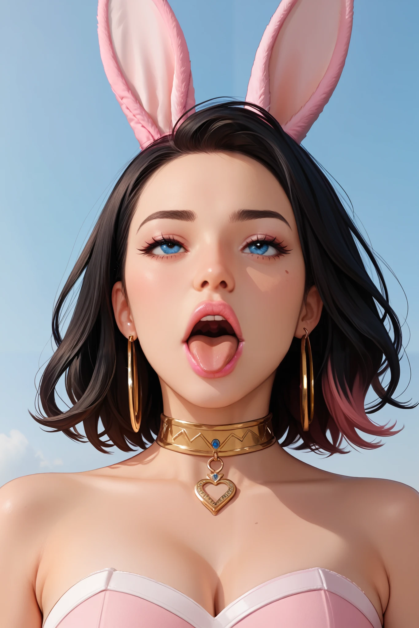 Very pretty woman, with long black hair , rolling their eyes , Open mouth, tongue, with a sexy expression, with a sculptural body, big boobs, blue eyes and pink lipstick on her lips, with makeup on your face, pink bunny ears dress, Pink bunny tail, wearing a gold choker around the neck , gold hoop earrings, ( 16k ultra quality image). ( realistic photo ). Low Wide Angle with Exaggerated Perspective "harmonious color palette, Soft gradients, vivid yet balanced colors") .realistic proportions, symmetrical features, well-defined hands and fingers, perfect body alignment, smooth and natural textures.", "high definition, cinematic details, balanced composition.