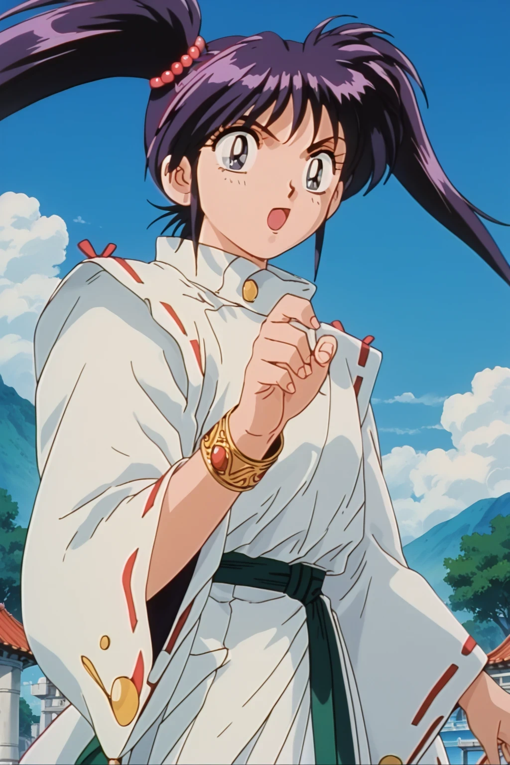score_9,score_8_up,score_7_up,score_6_up,score_5_up,score_4_up,source_anime,(solo:1.5), masterpiece,highest quality,Super detailed,8k,High resolution,an extremely delicate and beautiful,Official Art,Perfect Anatomy,1990s \(style\),90s anime,90s anime style,retro artstyle,Cel-shaded anime,anime screencap,anime coloring,perfect face,beautiful,sexy,athletic body,shiny skin,(scale to fit the dimensions:1.2), (outdoor:1.4), Chery , dark purple hair, bangs, twintails, long hair, dark blue eyes, medium breast, jewelry, gold bracelet, red pearls hair tie, ribbon-trimmed sleeves, green belt, white japanes clothes,((dynamic pose ,background:1.5)),