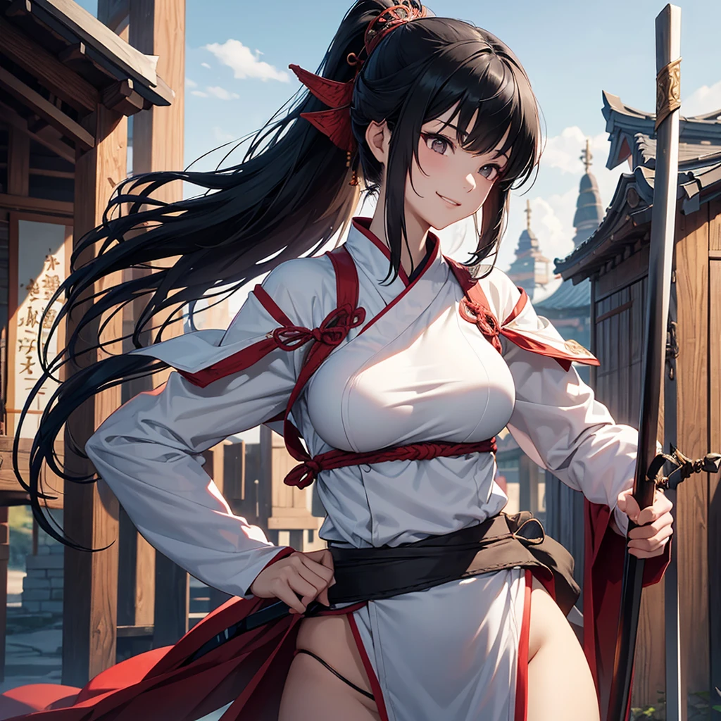 (masterpiece; best quality: 1.2), (finely detailed eyes: 1.3), ((25 year old woman)), ((solo)), (red eyes: 1.4), (body; lithe, slender, femenine: 1.3), (black hair in ponytail: 1.3), (beautiful and clear background: 1.2), ((depth of field)), (clothes: ronin attire + white kosode + black hakama + black sash: 1.3), (anime illustration: 1.2), (background composition; kendo dojo + night time: 1.1), (extremely fine and beautiful: 1.1), (shot composition; standing + centered on torso + close-up: 1.5), (expression; calm, smile: 1.2)