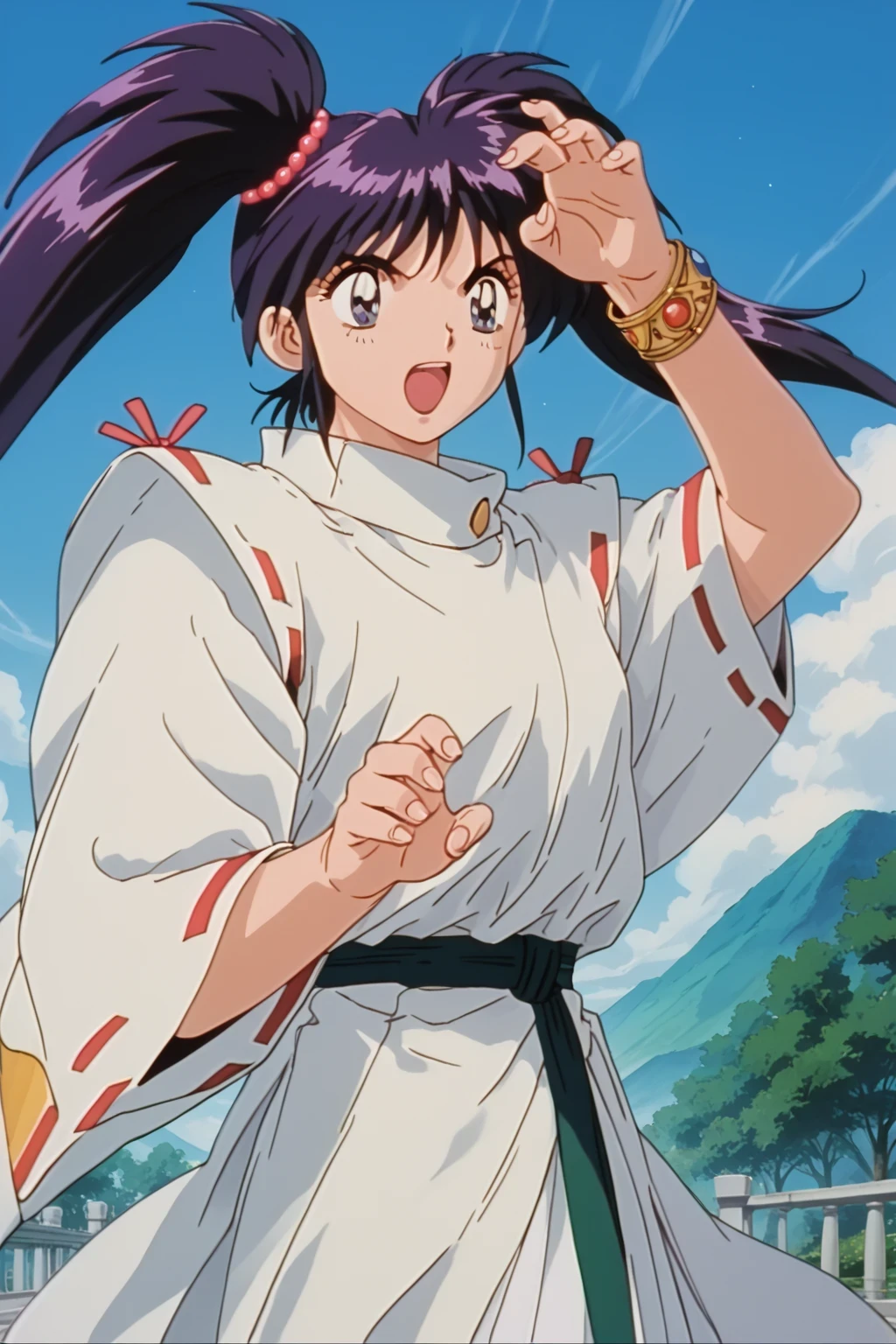 score_9,score_8_up,score_7_up,score_6_up,score_5_up,score_4_up,source_anime,(solo:1.5), masterpiece,highest quality,Super detailed,8k,High resolution,an extremely delicate and beautiful,Official Art,Perfect Anatomy,1990s \(style\),90s anime,90s anime style,retro artstyle,Cel-shaded anime,anime screencap,anime coloring,perfect face,beautiful,sexy,athletic body,shiny skin,(scale to fit the dimensions:1.2), (outdoor:1.4), Chery , dark purple hair, bangs, twintails, long hair, dark blue eyes, medium breast, jewelry, gold bracelet, red pearls hair tie, ribbon-trimmed sleeves, green belt, white japanes clothes,((dynamic pose ,background:1.5)),