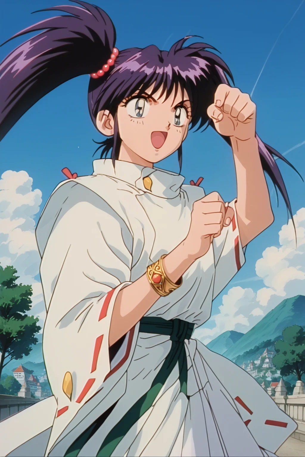 score_9,score_8_up,score_7_up,score_6_up,score_5_up,score_4_up,source_anime,(solo:1.5), masterpiece,highest quality,Super detailed,8k,High resolution,an extremely delicate and beautiful,Official Art,Perfect Anatomy,1990s \(style\),90s anime,90s anime style,retro artstyle,Cel-shaded anime,anime screencap,anime coloring,perfect face,beautiful,sexy,athletic body,shiny skin,(scale to fit the dimensions:1.2), (outdoor:1.4), Chery , dark purple hair, bangs, twintails, long hair, dark blue eyes, medium breast, jewelry, gold bracelet, red pearls hair tie, ribbon-trimmed sleeves, green belt, white japanes clothes,((dynamic pose ,background:1.5)),
