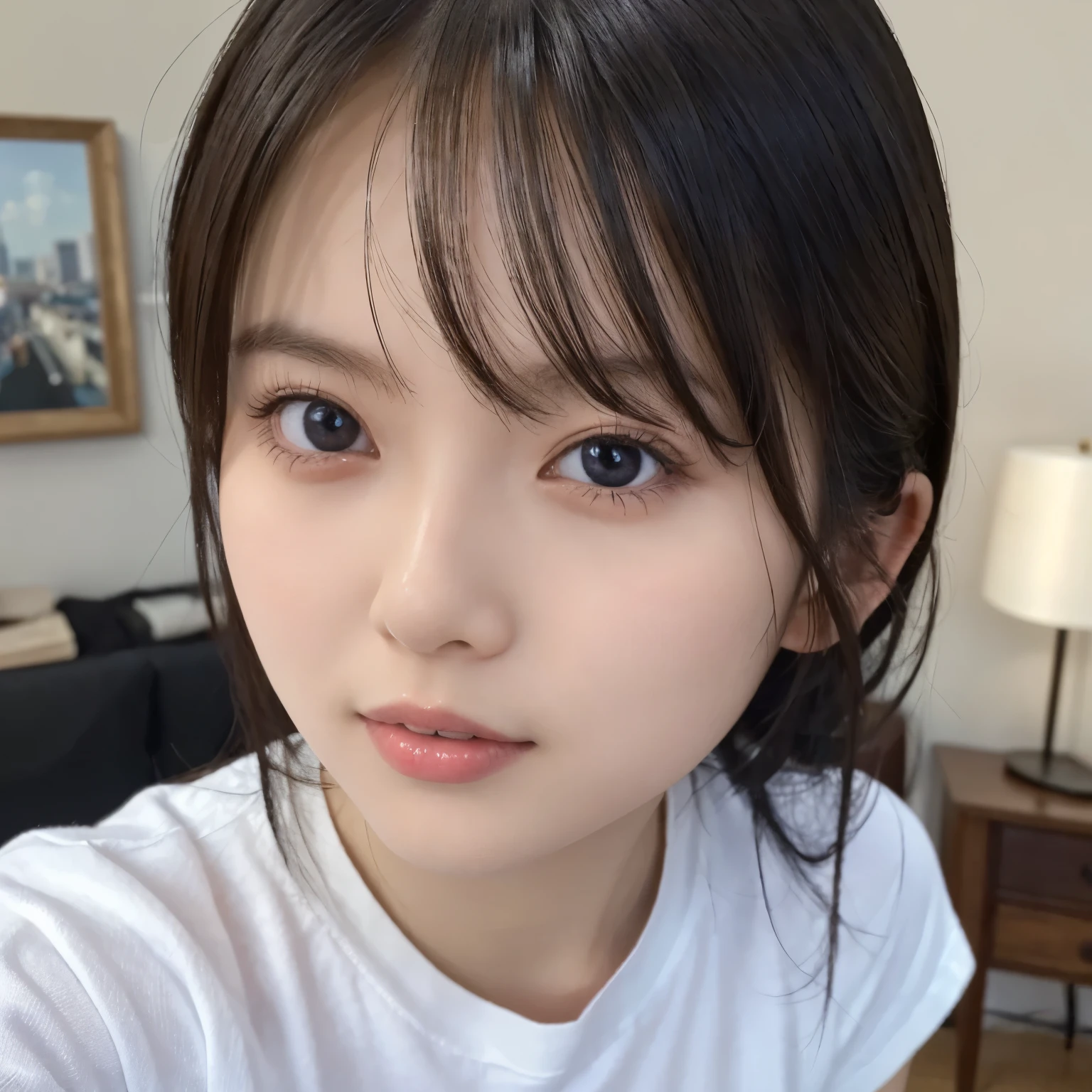 Bright living room, takes a selfie, plain t-shirt, girl, busty, black hair, straight hair, with bangs, 最高masterpiece, Lighting from the front, masterpiece, best quality, ultra detailed, fine detail, high resolution, 8k wallpaper, perfect dynamic configuration, beautiful eyes in every detail , natural color lips