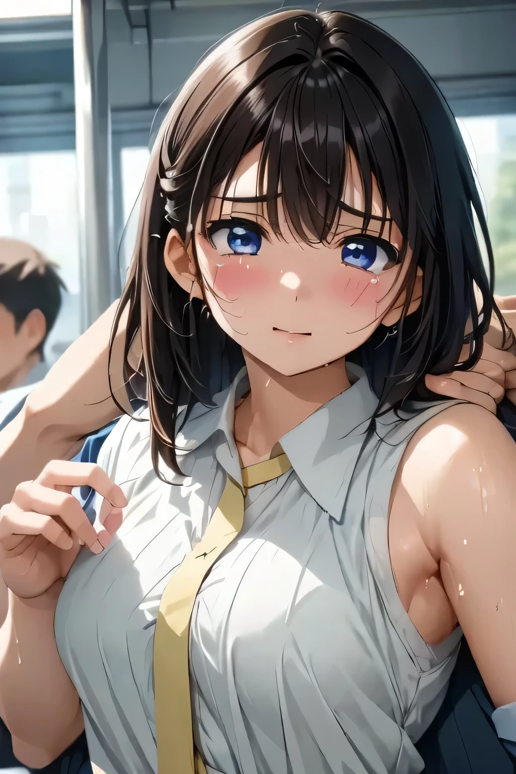 ( manga 、anime、story)、( Masterpiece 、 top quality、 super high resolution )、( perfect face、 facial beauty、 beautiful eyes )、(cry、 resists 、 embarrassing 、 blanking in the heart of the city)、sweat、 big breasted 、The button comes off 、 dress shirt 、 white t-shirts、 、 embarrassing 、 blanking in the heart of the city、gunを構える、gun、,( I'm surrounded by lots of men 、 Man Hugs Woman 、 Men's ribbed armpits 、)、、handcuffs、 my hands are tied with tape 、 in the train、、 many hands touch women、 lots of hands touch my body 、cry、 shed tears、Cover your mouth with your hand 、 side view、Man takes pictures on camera