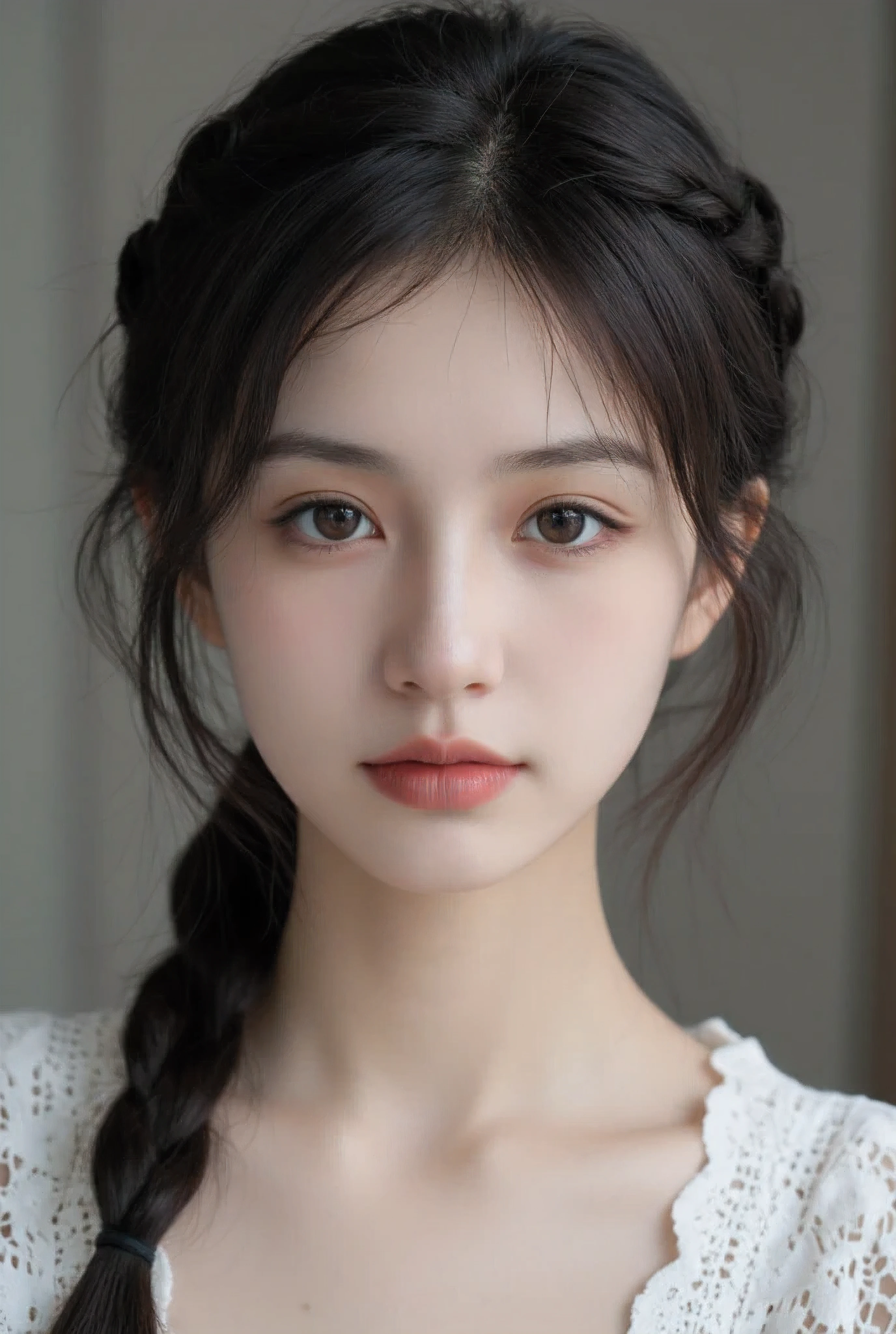 Close-up view of a young girl with a cute yet elegant appearance, . She has a slender, youthful face with soft, delicate features, and her expression is calm and thoughtful. Her skin is smooth and radiant, with a subtle glow enhanced by natural light that gently highlights her face. Her hair is styled in a braided crown that gently wraps around her head, creating an elegant, regal appearance. The braids are loose and relaxed, with soft tendrils of hair framing her face to add a delicate touch. The rest of her hair flows in soft, loose waves, cascading gently down her shoulders and back, adding a sense of movement and flow to the style. The hair is a soft, golden blonde with light, creamy highlights that add depth and dimension to her look. The crown braid and loose waves combine to create a romantic, ethereal vibe. She wears a soft, elegant outfit with delicate details, including a white blouse with lace accents, keeping the focus on her natural beauty. The background is soft and blurred, with neutral tones to keep the focus on her refined expression and detailed features. The soft lighting enhances the youthful glow of her skin, casting delicate shadows and giving depth to her delicate features, capturing her youthful elegance in exquisite detail.
