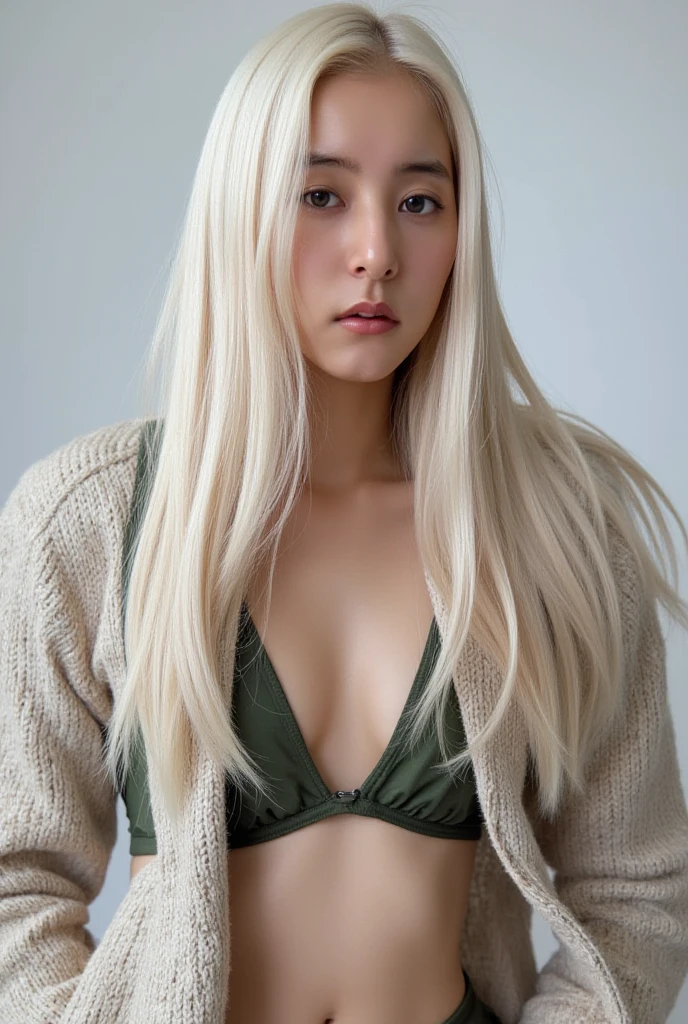 1 girl named Sarah with long blonde gray hair, dyed loose hair, Long hairstyle, perfect detailed face, Detailed symmetrical green eyes with a round iris, Beautiful, Walking and posing, Look at the observer, 19-year-old girl, looks like Madison Beer, extremely detailed face, Model, Realistic, Real life, perfect photorealistic picture, Realistic, Curvy Body, hourglass figure, Stunning realistic photography, Detailed fingers, detailed realistic face, Soft fingers, real human nails, Extremely attractive girl, perfect detailed tan, small eyes, perfectly detailed face with realistic complexion and finely porous skin, small nose, Model, Perfect posture, Natural limbs, long legs, detailed symmetrical eyeballs, symmetric eyes, Realistic eyeballs, Realistic detailed eyes, cute plump closed lips, makeup, no long neck, Perfect proportional body, seductive gaze, Looking in the direction of the viewer, Fascinating facial features, ah high, two arms, Two legs, one head, tiny breasts, realistic natural bodies, realistic shadows, Mystical epiphany, 8K, UHD, ((body facing the viewer, Pointing at the camera)), "wide-angle", Full-body shot, full pose, (photo studio white background), seduce a little, Cinematic world, Cover photo in the center of Hipereallistic, Stunning full-color, Cinematic, neoprene, behance contest winner, portraite of a, presented at UnsplasH, stylized digital art, Smooth, extra high resolution, Wearing an oversized white T-shirt and black Acronym J36-S sweatpants..... (T-shirt only white), black and white sneakers, instagram model, 80mm , Urban streetwear , Realistic,round ass,Real hands,Urban Technical Clothing