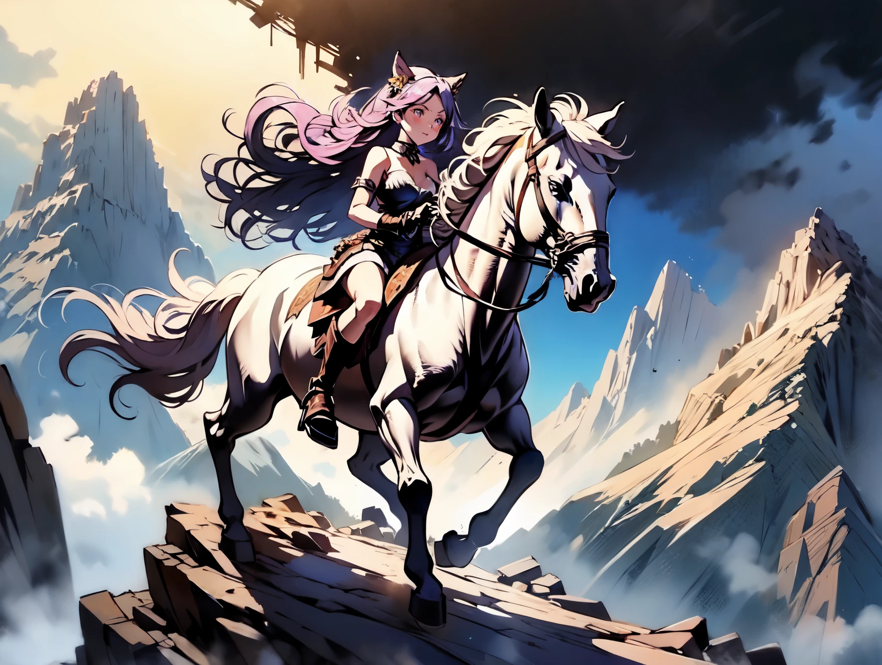 There is a poster of a woman riding a horse in a cave., A magical aura surrounds her, Woman riding a flying unicorn, Channeling mystical energy, Very mysterious, Mysterious still images,