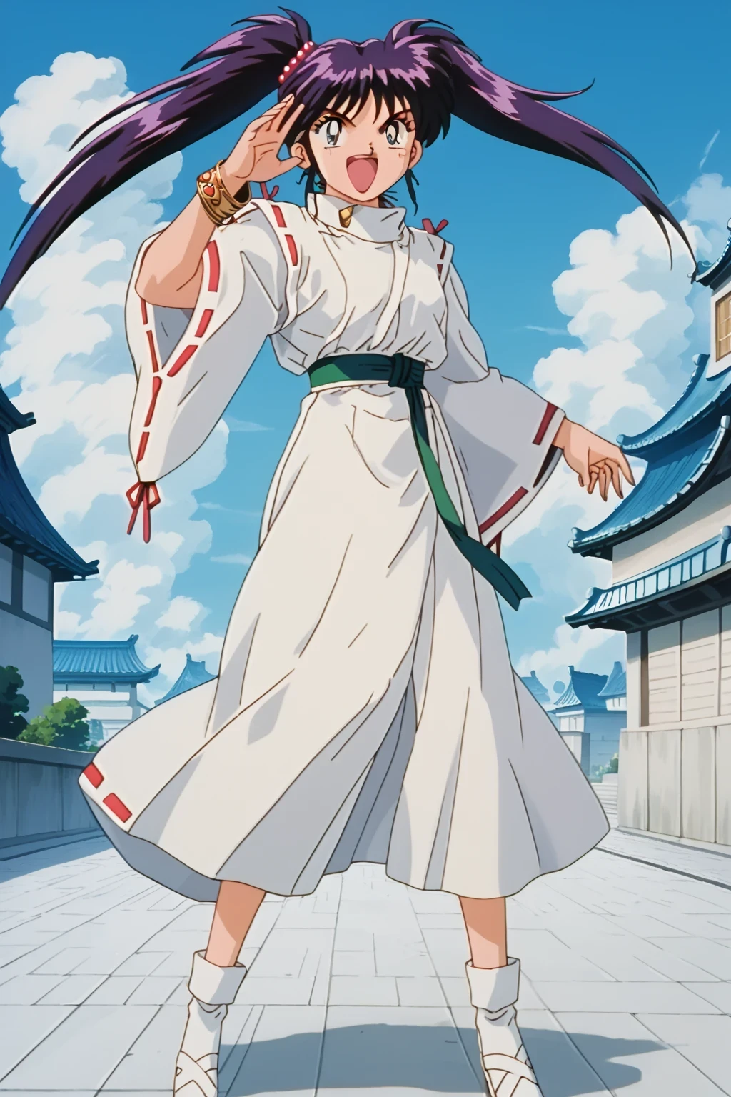 
score_9,score_8_up,score_7_up,score_6_up,score_5_up,score_4_up,source_anime,(solo:1.5), masterpiece,highest quality,Super detailed,8k,High resolution,an extremely delicate and beautiful,Official Art,Perfect Anatomy,1990s \(style\),90s anime,90s anime style,retro artstyle,Cel-shaded anime,anime screencap,anime coloring,perfect face,beautiful,sexy,athletic body,shiny skin,(scale to fit the dimensions:1.2), (outdoor:1.4), Chery , dark purple hair, bangs, twintails, long hair, dark blue eyes, medium breast, jewelry, gold bracelet, red pearls hair tie, ribbon-trimmed sleeves, green belt, white japanes clothes,((dynamic pose ,background,full body:1.5)),