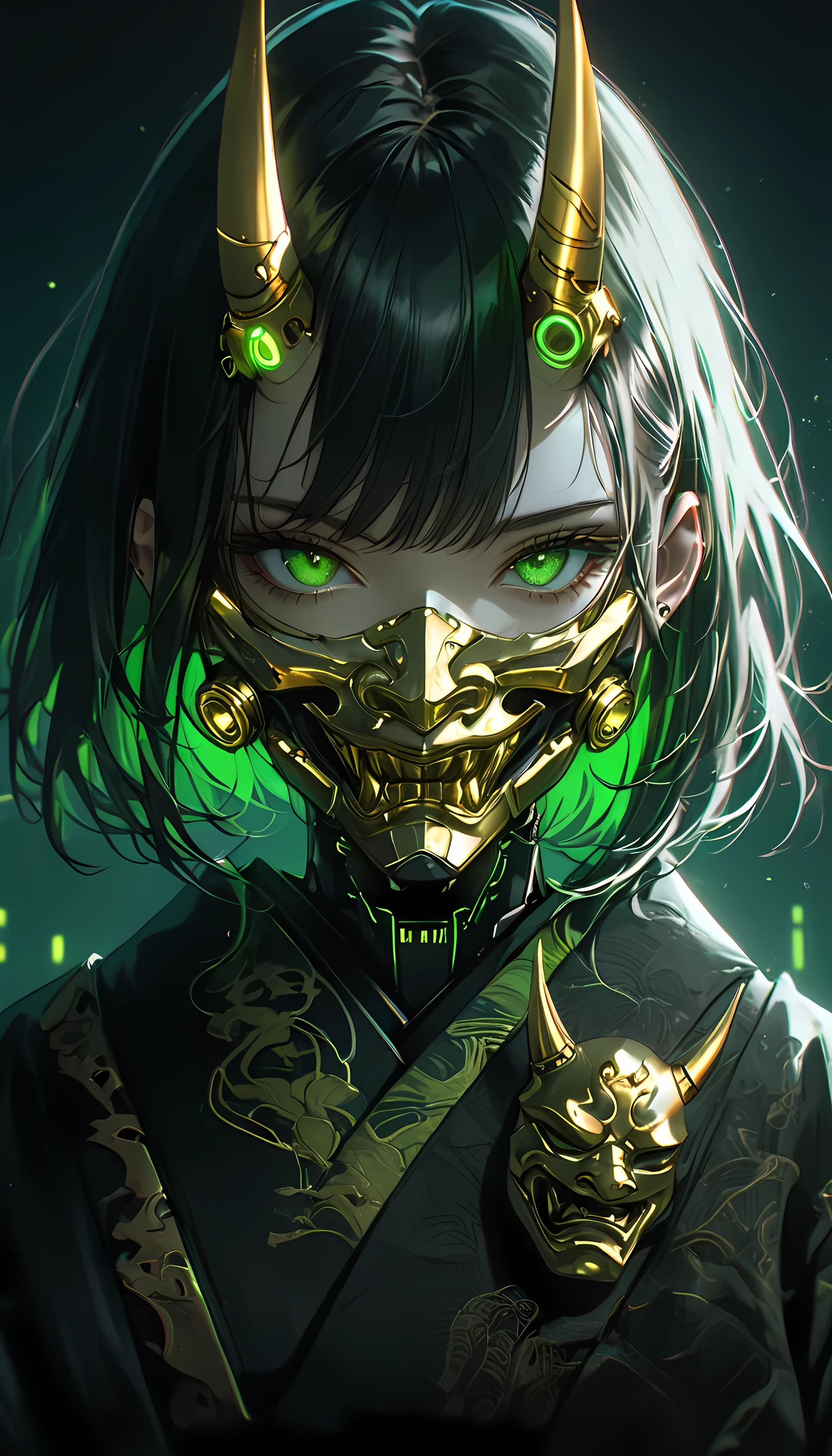 Low-key portrait, Oni cyborg girl, wearing a black yukata, ornate gold Oni mask, cyberpunk futuristic style. Upper body only, high-contrast neon lighting with bright green illuminating half her face, simple dark background, moody aesthetic. Realistic photography, highly detailed textures, sharp focus, perfect composition, cinematic quality, 85mm lens, f/1.4 aperture, dramatic lighting, professional studio setup