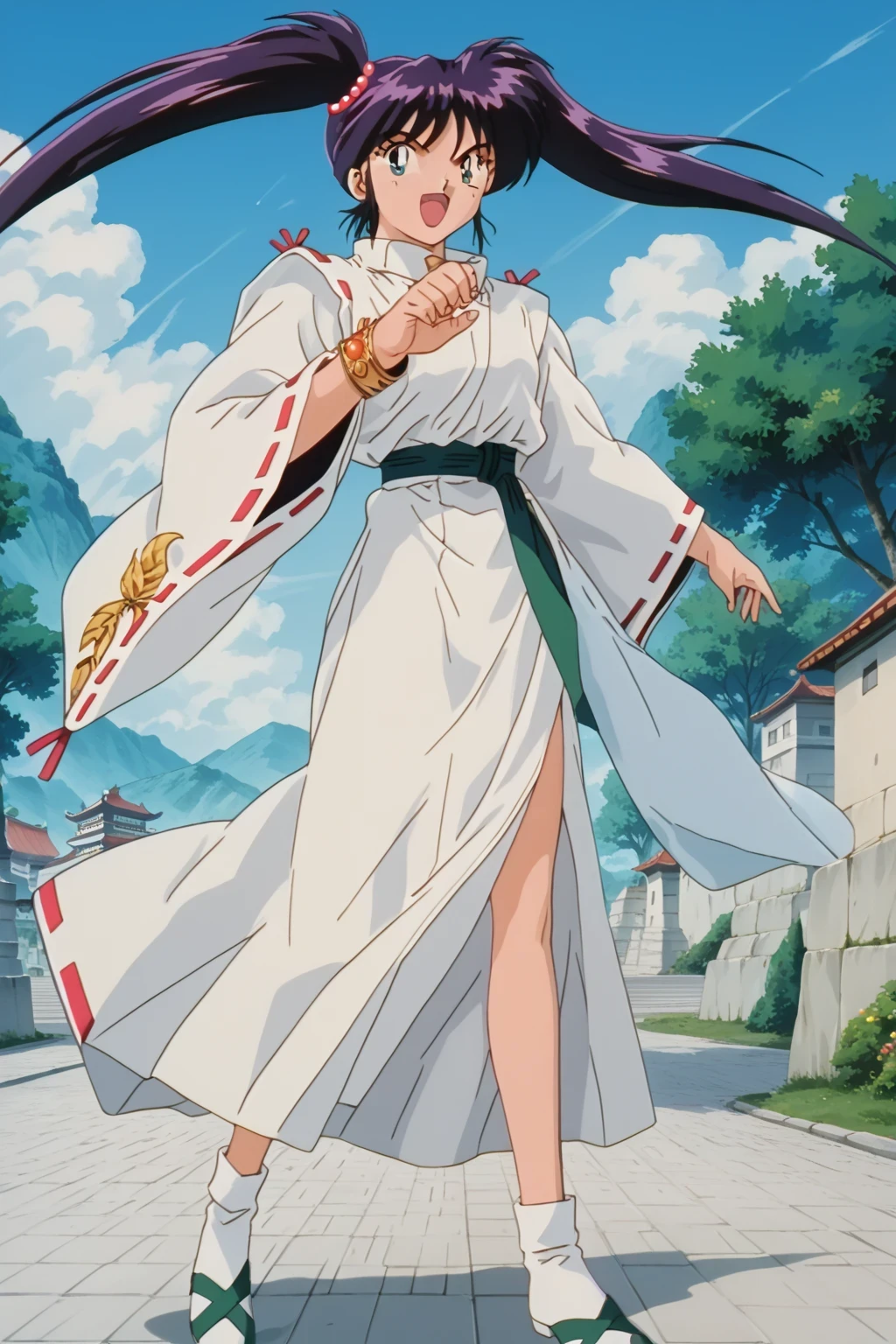 score_9,score_8_up,score_7_up,score_6_up,score_5_up,score_4_up,source_anime,(solo:1.5), masterpiece,highest quality,Super detailed,8k,High resolution,an extremely delicate and beautiful,Official Art,Perfect Anatomy,1990s \(style\),90s anime,90s anime style,retro artstyle,Cel-shaded anime,anime screencap,anime coloring,perfect face,beautiful,sexy,athletic body,shiny skin,(scale to fit the dimensions:1.2), (outdoor:1.4),
Chery , dark purple hair, bangs, twintails, long hair, dark blue eyes, medium breast, jewelry, gold bracelet, red pearls hair tie,
ribbon-trimmed sleeves, green belt, white japanes clothes,((dynamic pose ,background,full body:1.5)),