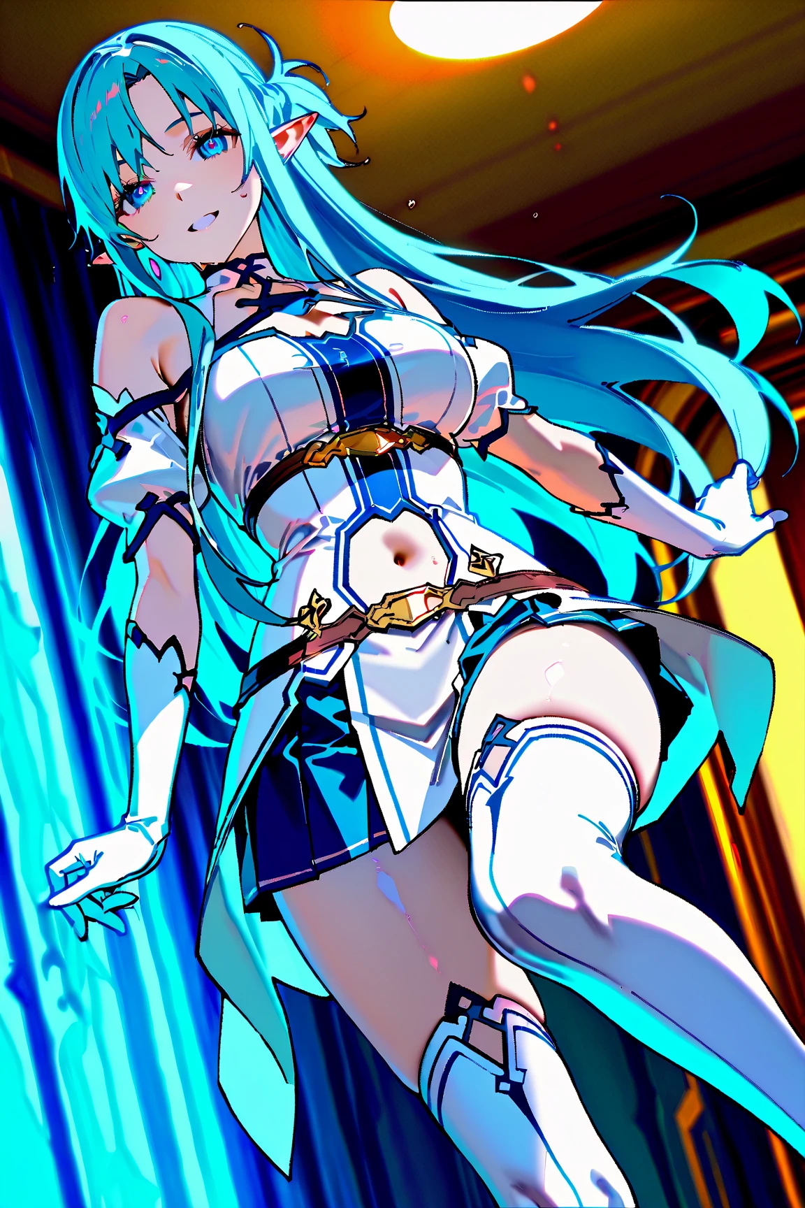 anime character with blue hair and a white dress, pharah, hero 2 d fanart artsation, with glowing blue lights, glowing purple, extremely detailed artgerm, cushart krenz key art feminine, digital cyberpunk anime art, 8k high quality detailed art, commission for high res, pharah from overwatch, :: rossdraws, female cyberpunk anime girl