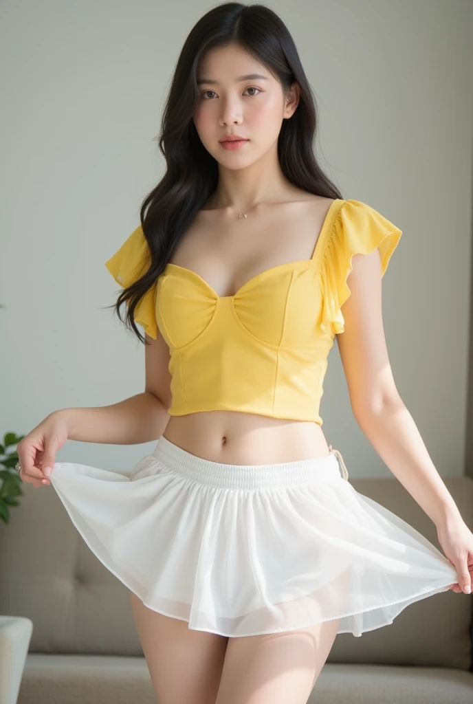 TeeTee1,1girl, (asian model), 18 years old,soft body, black hair, braids,whole body, hair reaches waist, whole body,((head to leg)),black bracelets,yellow  bra,yellow pleated skirt, white tall boots,large earrings,close-up, 8k, RAW photo, best quality, masterpiece,realistic, photo-realistic,seductive,cute,yellow background, erotic pose, kneeling , open leg