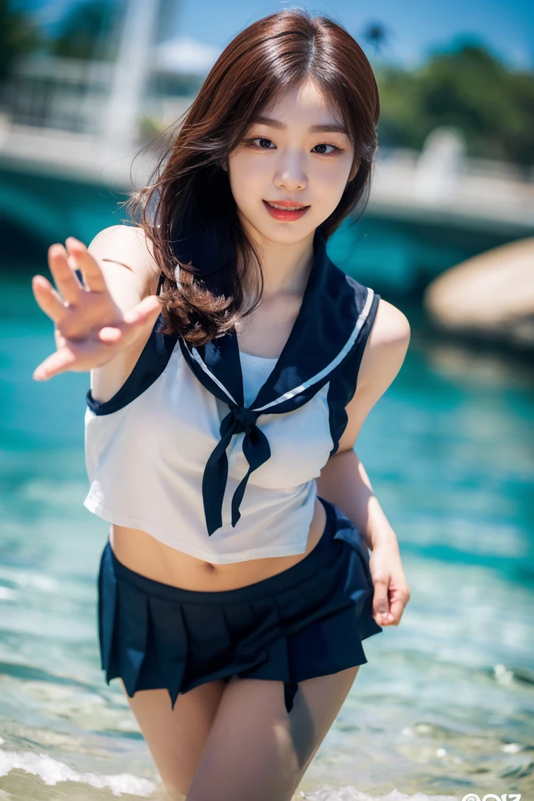 Image resolution 8K、masterpiece:1.3)、Beauty、1 female、(魅力的なbody:1.2)、abdomen:1.1、Dark Brown Hair:1.1、(body:1.2)、Ultra-detailed face、Attractive lips、double eyelid、Ultra-realistic and detailed Japanese school girl in a white short-sleeved sailor suit and pink skirt、Japanese women、10th generation()、Playing in the water in the stream、Smiling with a nice smile、The belly button is visible、Hair fluttering in the wind、