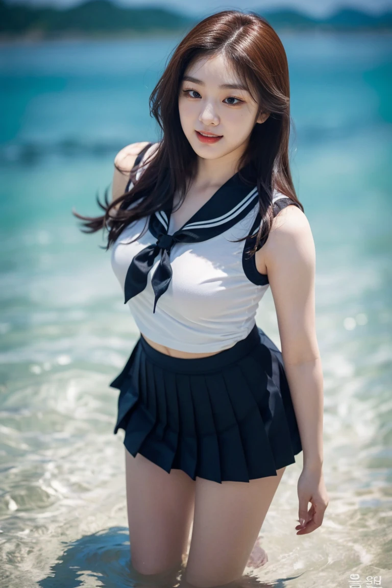 Beautiful high school student wearing school uniform by the sea，Super high value，extra very short hair，Delicate hair，Fair face and skin，Hanging water droplets，Happy playing in the water，Large breasts，Chest hyperexcion，perfect body figure，The sea is crystal clear