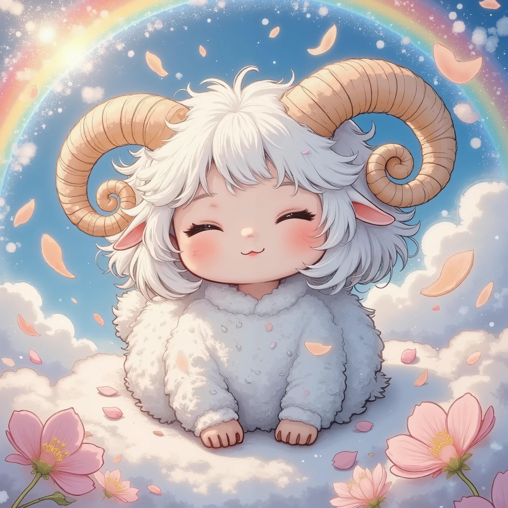 A fluffy sheep with spiral horns in the center, surrounded by soft pastel colors, floating on clouds with a glowing light, a rainbow visible in the background, gently floating petals, glowing lines around the sheep, a dreamy atmosphere enhanced by bokeh effects and particle effects, soft airbrushed textures emphasizing a kawaii style