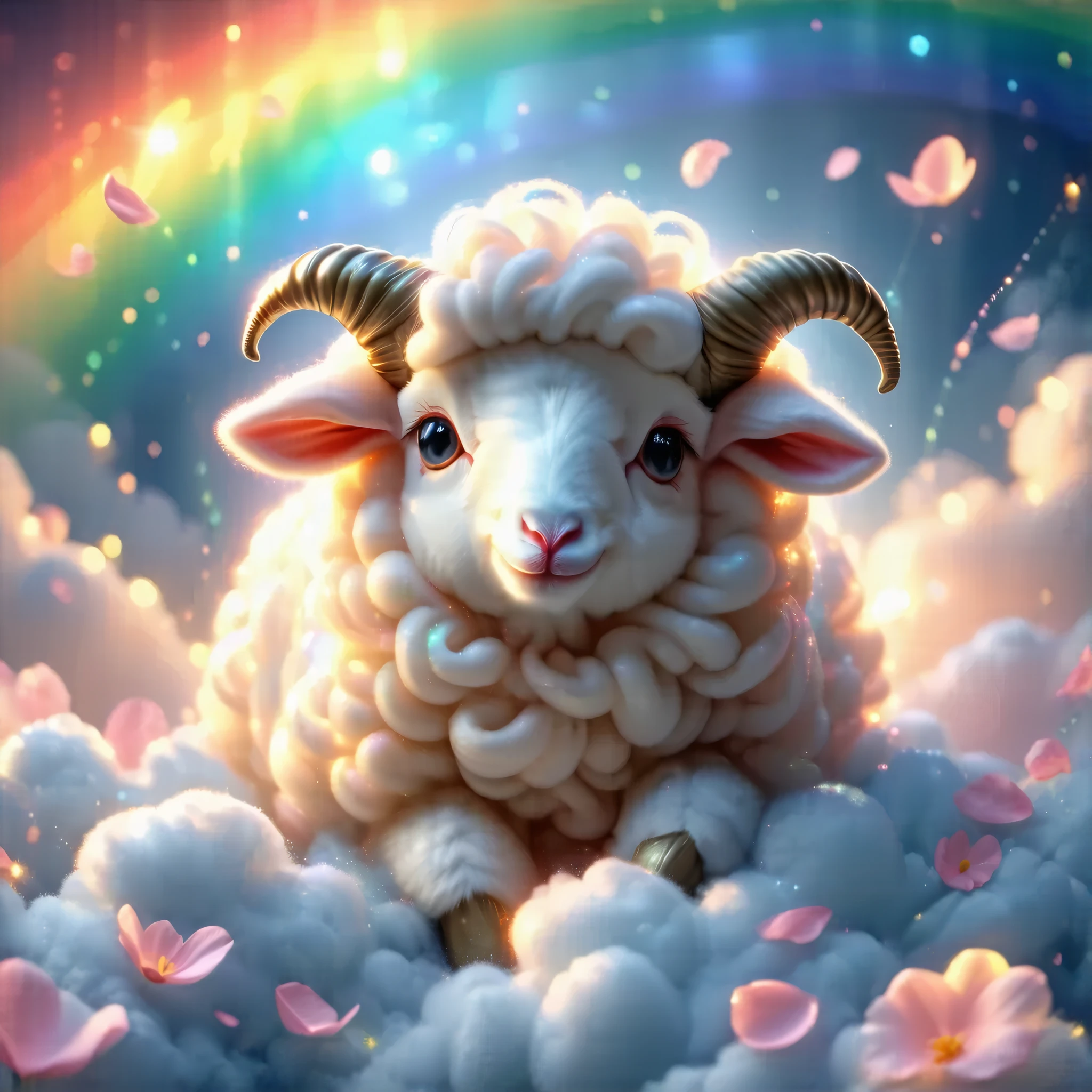 A fluffy sheep with spiral horns in the center, surrounded by soft pastel colors, floating on clouds with a glowing light, a rainbow visible in the background, gently floating petals, glowing lines around the sheep, a dreamy atmosphere enhanced by bokeh effects and particle effects, soft airbrushed textures emphasizing a kawaii style
