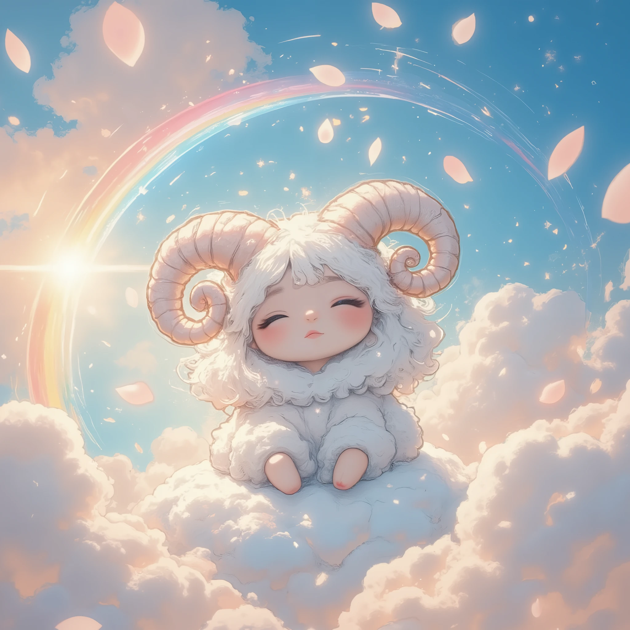 A fluffy sheep with spiral horns in the center, surrounded by soft pastel colors, floating on clouds with a glowing light, a rainbow visible in the background, gently floating petals, glowing lines around the sheep, a dreamy atmosphere enhanced by bokeh effects and particle effects, soft airbrushed textures emphasizing a kawaii style