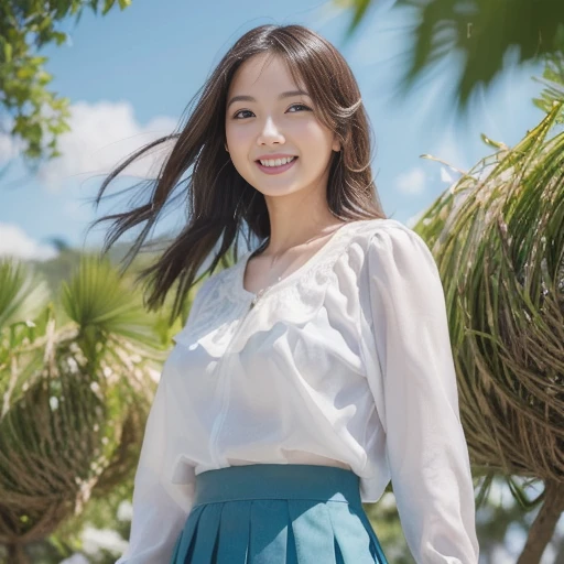 One Girl、Beautiful and detailed eyes and face、barefoot、Cute 16 year old Japanese girl, ((Extremely precise and accurate anatomy:1.0)), (photo Realistic:1.4), (hyper Realistic:1.4), (最高品質のRealisticな肌の質感:1.4), (Improvement of quality:1.4), (Enhances the beauty of skin texture:1.1), Clean and glowing skin, mesh, thin:1.2, (Realistic:1.3), Realisticなライティング, (Smoother lighting:1.05), (Improving the quality of cinema lighting:0.9), Backlight, A gentle light on your face, Ray Tracing, (Bright light:1.2), 32K, One Japanese woman, fine grain, Detailed face, (Film Grain:1.1),(Accentuates body lines:1.1), High resolution, Natural look, Kind eyes, Improves hair quality, Delicate light and shadow, Transparent muscles, Graceful pose, Beautiful Eyes, Sharp details, Soft light reflection, Beautiful contours, Delicate skin tone, Fine hair texture, Natural background, (((sunny day、School zone、A strong wind is blowing、Her hair and skirt are flying、 Open shirt、Pleated skirt、stroll:1.25、Light of the sun、Clear skies、stage、Blue sky and white clouds、The joys of youth)))、