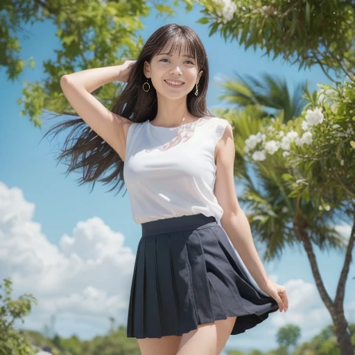 8K、Detailed Description、Very high definition、Realistic、reality的、Real、live-action、reality、High resolution、Nogizaka46、japanese idol,beautiful girl、21 years old、White sleeveless lacrosse uniform、Knee-up-top angle of view、Mouth closed、Lacrosse court、sunny、Strong winds、Straight Long Hair、Headband、Very black hair、Pastel yellow flared mini skirt、Her skirt is flipped up、Hair blowing in the wind、pretty girl、Beauty、D cup breasts、Glowing Skin、Glowing Skin、Shiny Hair、Very white skin、Heavy makeup、Embarrassed、Shyly、Slit eyes、Big Eyes、Double eyelids、Smile without showing your teeth、Arms folded behind back、clear、Looking up、Peeking into this