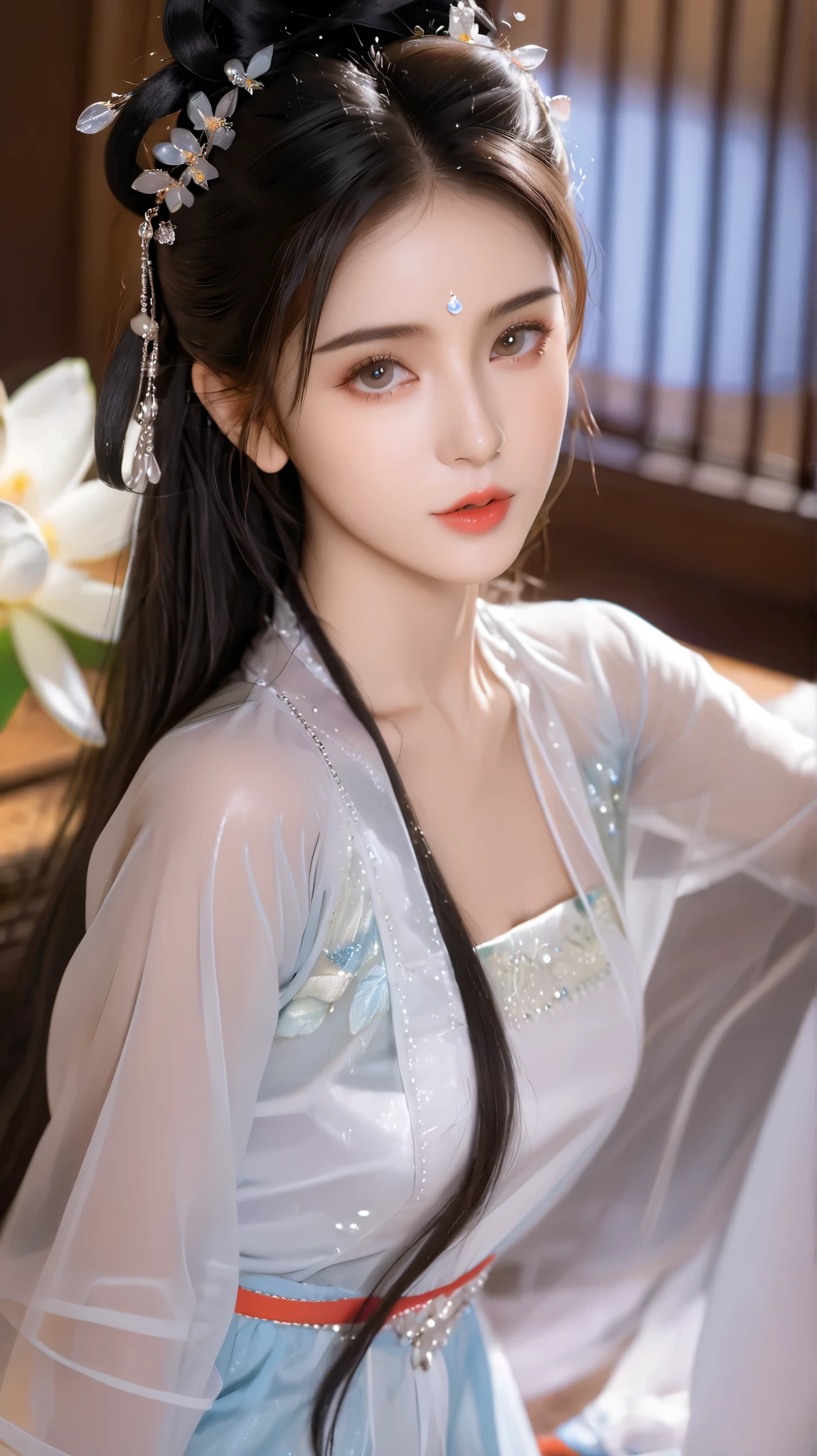 ( masterpiece,Super Fine, best quality:1.5),(8K,CG,illustration:1.4),(perfect-composition, exquisite and beautiful face,Cleansing the skin,Photographic Skin , shiny skin, shiny hair , Photography Hair, Extremely Detailed Eyes ,scrape,Uncensored,Ultra detailed background:1.2),(***Hot Girls:1),, Cowboy Shoots S4Kur4 ,transparent,white lotus dress,Sleeveless,spring,
Chiffon Hanfu