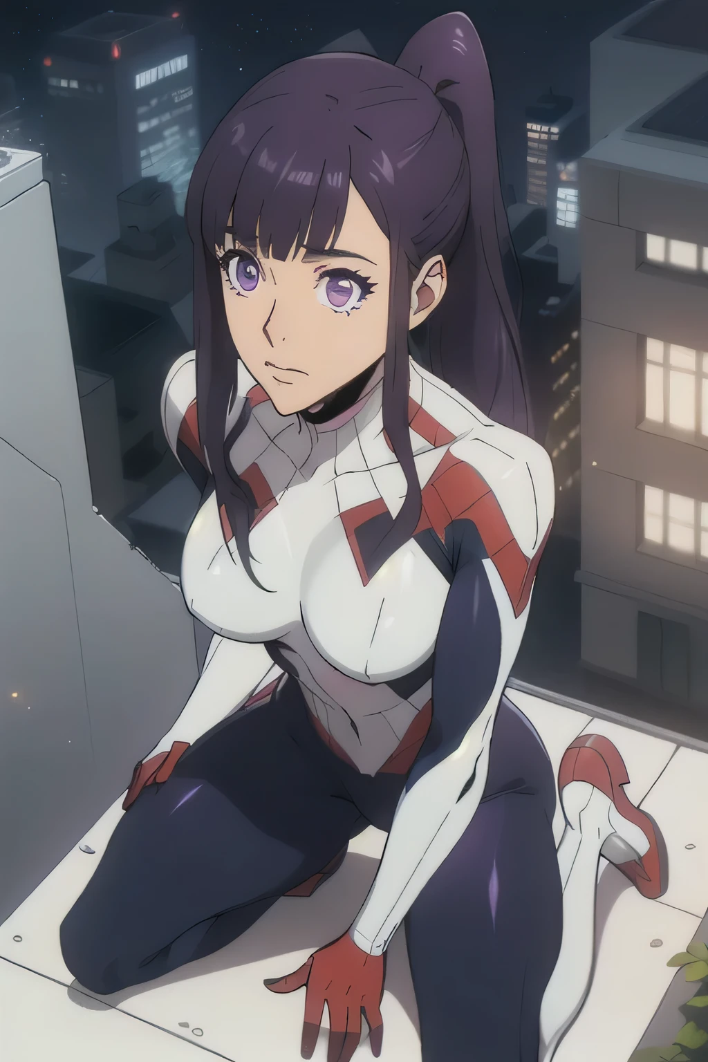 1 girl in, 18, photo of Sung Jinha, Solo Levelling Waifu, photo of perfect woman, Solo, Aesthetic artwork, (long hair, straight purple hair, long ponytail, dark purple hair, bangs: 1.25), (violet eyes, clear skin, fare skin, small breasts, B-cup, runners body, very thin waist, skinny, petite, detailed skin texture, (focus on breasts:1.2), wearing a white spider man suit, pure white Spider-Man suit, gender Bend spider man cosplay, Spider Gwen), rooftop Skyline, on a rooftop, Stary night, evening, (kneeling down before master, splits kneeling, legs apart), looking up at camera, overhead perspective), (extremely detailed 8k wallpaper), soft lighting, high quality, film grain, 50mm, High Detail, Sharp focus, (natural light), (cowboy photo:1.2), light particles