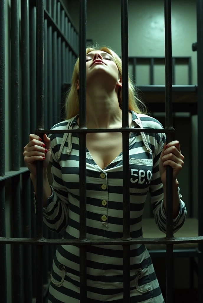 super cute 20 yo woman in a dark theme, cleavage, worried expression, gray pajamas, blonde hair. Prison background. Bars