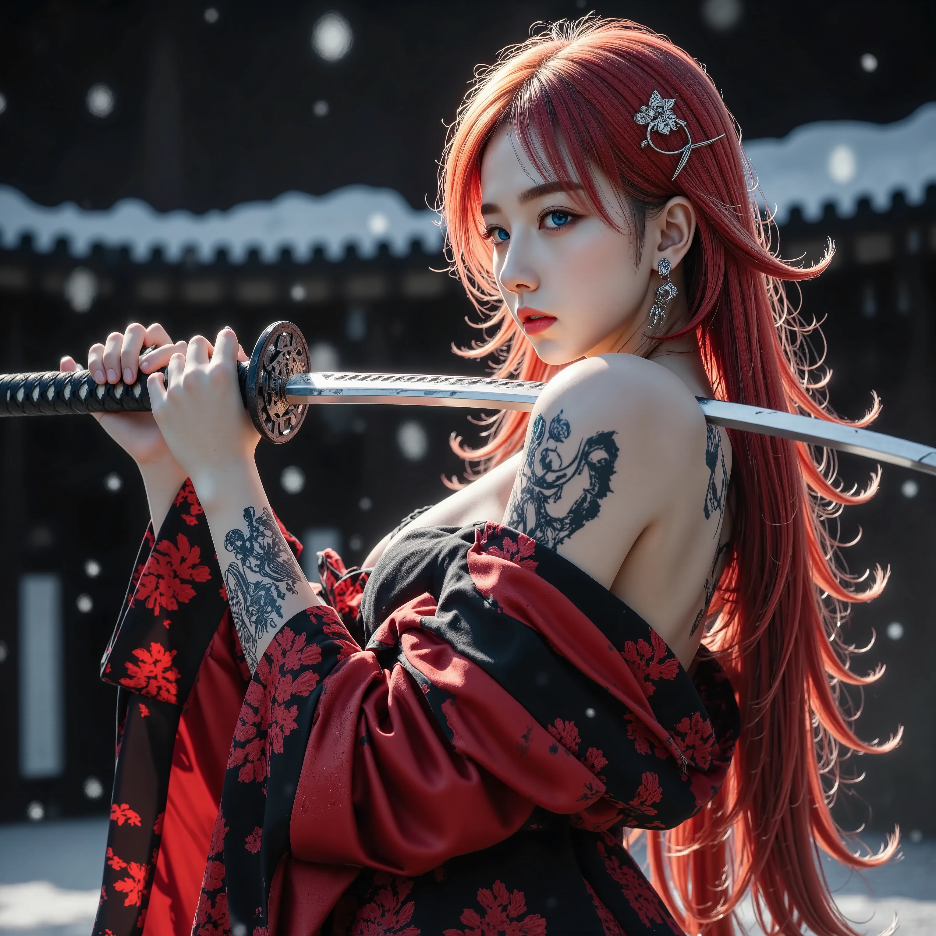 moonlight、Full body in kimono、Temple Background、A precise Japanese sword with a vermilion blade 、Holding a Japanese sword in hand、Unexposed whole body、beautiful fighting poses、The glowing snow is dancing、 wears a detailed red and black kimono with a beautiful pattern、Red Hair、beautiful and perfect earrings、goddess、A beautiful and perfect headdress、 tattoo、Beautiful underwear