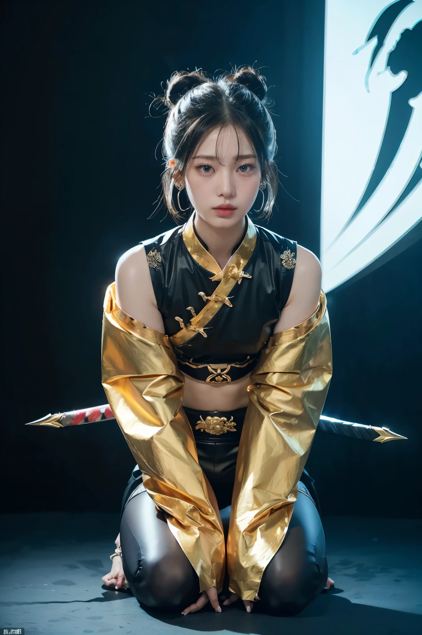 Smoky makeup:2,Black eyeshadow:2,Black lips:2,anatomical correct:2,solo,1sword
xuer ai yazawa style girl,1 Girl,Solitary,Black Hair,Hair Bun,Chinese clothes,Keep,Keep weapon,twice as good,Bangs,blunt Bangs,One knee,looking at the audience,Jewelry,earrings,black background,Long sleeve,eastern dragon,Samurai sword,Shut up,tight shiny leggings,dragon,golden footwear,Eze,Anatomically correct:2,(disgust:1.3),Ultra-high resolution,((masterpiece))),(((best quality))),((Super detailed)),((extremely delicate and beautiful)),Solitary,ezh