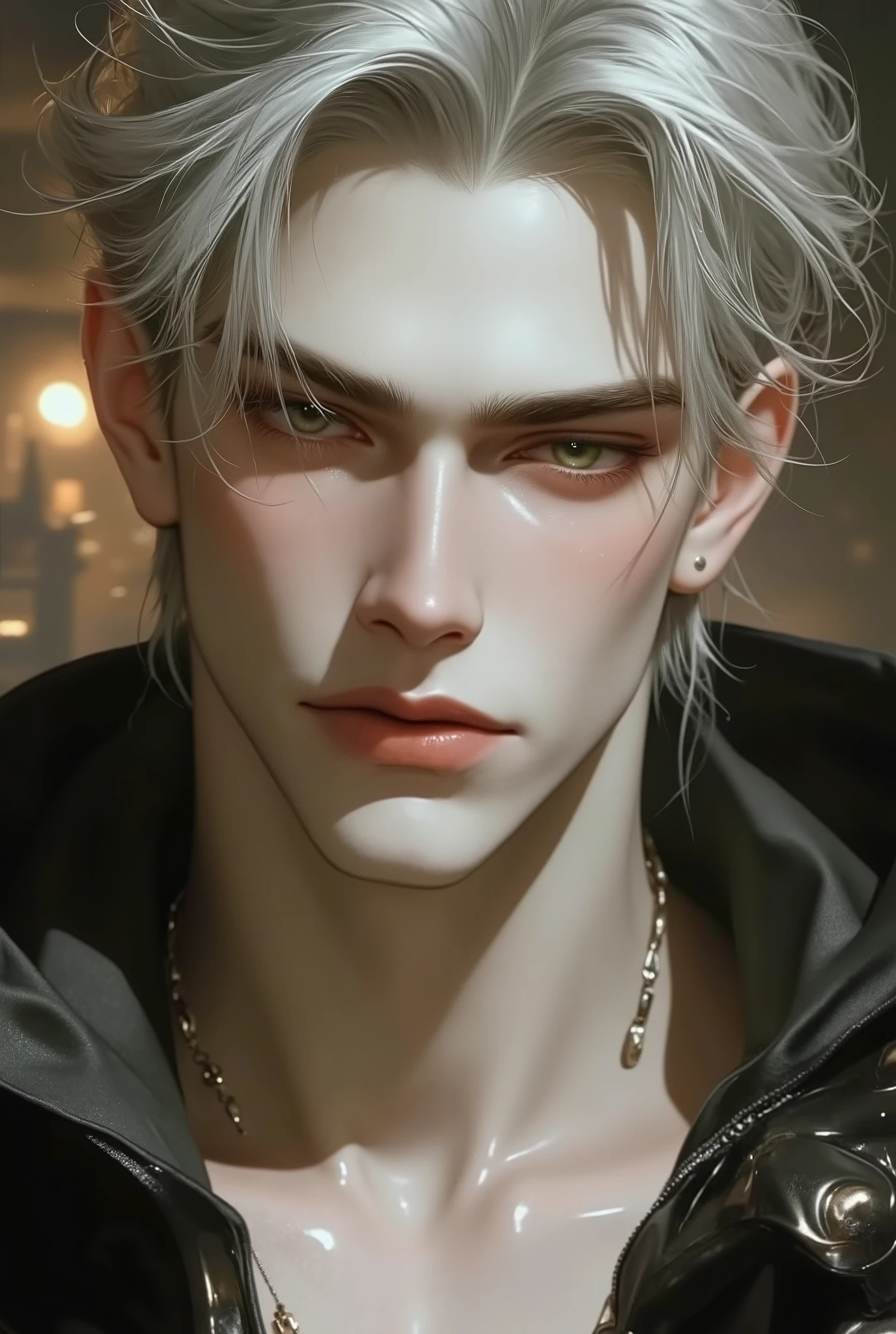 ((best quality)), ((masterpiece)), (detailed), a handsome young man portrait with a perfectly balanced face and athletic physique. His facial features are well-defined, with high cheekbones, a sharp jawline, and smooth skin. His eyes are striking green, adding a mesmerizing and intense look and a hint of mystery and depth, giving him a confident, intriguing expression The background is softly blurred, keeping the focus on his distinct features and giving the scene a warm, natural glow. His body is lean and muscular, resembling a "skinny hunk" with visible 6-pack abs and toned muscles. His hair, a soft silver hue, falls to his shoulders in gentle waves, with a slight shimmer that frames his perfectly sculpted face, adding a touch of otherworldly beauty.