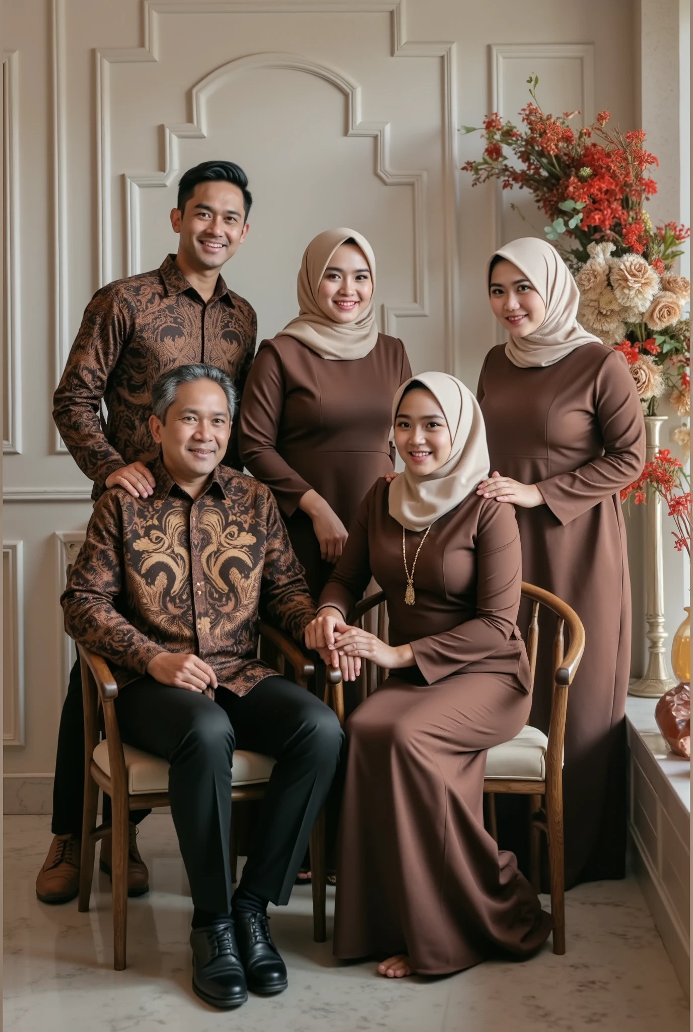 A stunning 8K photo captures the heartwarming gathering of an Indonesian family in a beautifully designed indoor space. A white wall moulding adorns the background, providing a perfect contrast for the family's vibrant attire. The father, aged 60, is dressed in a stylish brown batik shirt, black pants, and black shoes, seated in a wooden chair. His wife, the mother, exudes elegance in a striking brown plain gamis dress and cream hijab.

Behind them, two young women in their late 20s wear similar brown plain gamis dresses and cream hijabs, blending seamlessly with the warm and inviting atmosphere. The brother, dressed in a brown batik shirt and black pants, stands proudly beside his sisters. The warm lighting and loving expressions on their faces create a sense of family connection and love, filling the space with joy