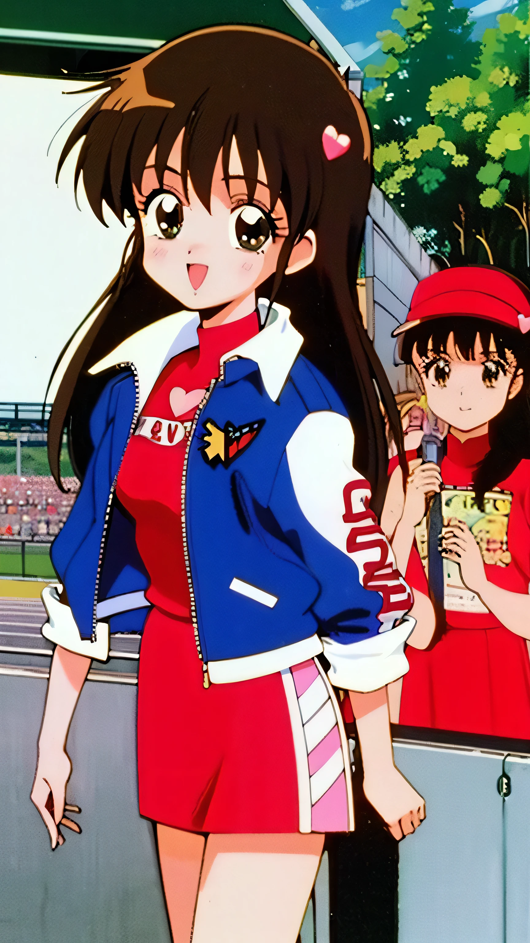 Asusdol, One Girl , Alone, green eyes, heart, hair ornament, jacket, red dress,retro art style for stilets, 開いた口, 1990s ( style for stilets), looking at viewer, smile, outdoor, null, cowboy shot , clevis cut out, race queen