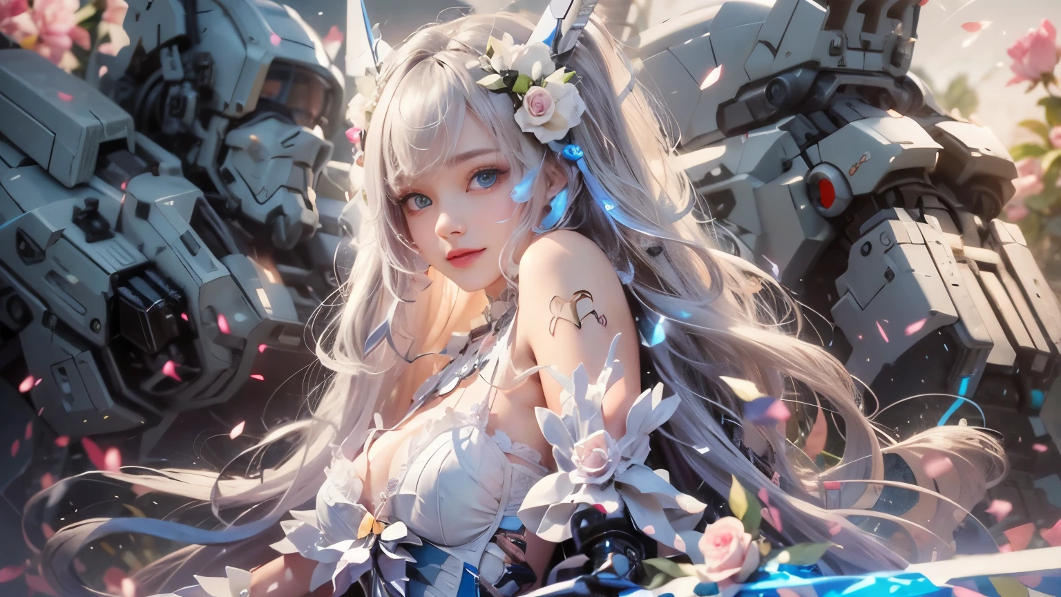 white rose hair ornament mecha 、 White Rose Dress Skirt 、frills、 Pink and white hair 、Surrounded by very high quality white pink mechanics、 have realistic and detailed expressions 、 blue eyes、 small breasts、 detailed hand model fingers sitting on large mechanical devices、Detailed leg model feet 、 BEAUTIFUL LONG LEG 、 holding a sword 、 Beautiful Legs、 white stockings 、 WHITE MECHA HIGH HEELS 、WHITE CORSET MECHA 、 white gloves 、 white choker 、 detailed face 、 very high quality mechanics 、 Detailed decoration 、8k、 full body portrait 、smile、 big eyes
