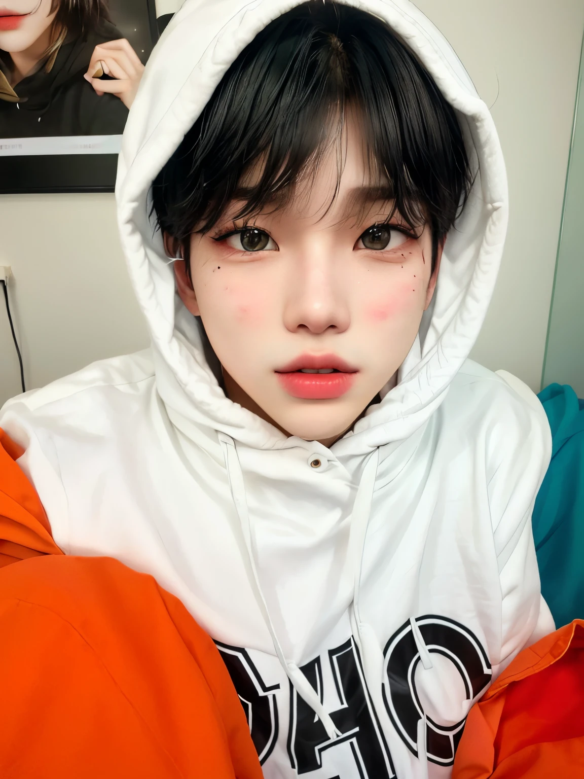 is a boy wearing a hoodie and a pair of orange gloves, Jimin- the, accurate Jimin- the face, park Jimin- the, Jimin- the\ full lips, Jimin- the\ It's puffy , Jimin- the\Greek nose, Kim Doyoung, sol yunjoo, an adorable Korean face , jossi do blackpink, jia, Ruan Fofa VTuber , In a hooded jacket