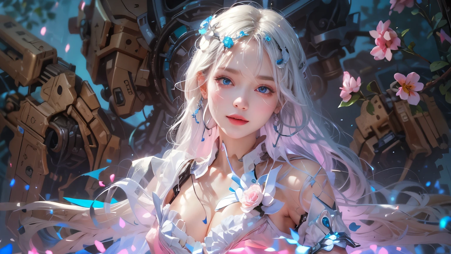 white rose hair ornament mecha 、 White Rose Dress Skirt 、frills、 Pink and white hair 、Surrounded by very high quality white pink mechanics、 have realistic and detailed expressions 、 blue eyes、 small breasts、 detailed hand model fingers sitting on large mechanical devices、Detailed leg model feet 、 BEAUTIFUL LONG LEG 、 holding a sword 、 Beautiful Legs、 white stockings 、 WHITE MECHA HIGH HEELS 、WHITE CORSET MECHA 、 white gloves 、 white choker 、 detailed face 、 very high quality mechanics 、 Detailed decoration 、8k、 full body portrait 、smile、 big eyes