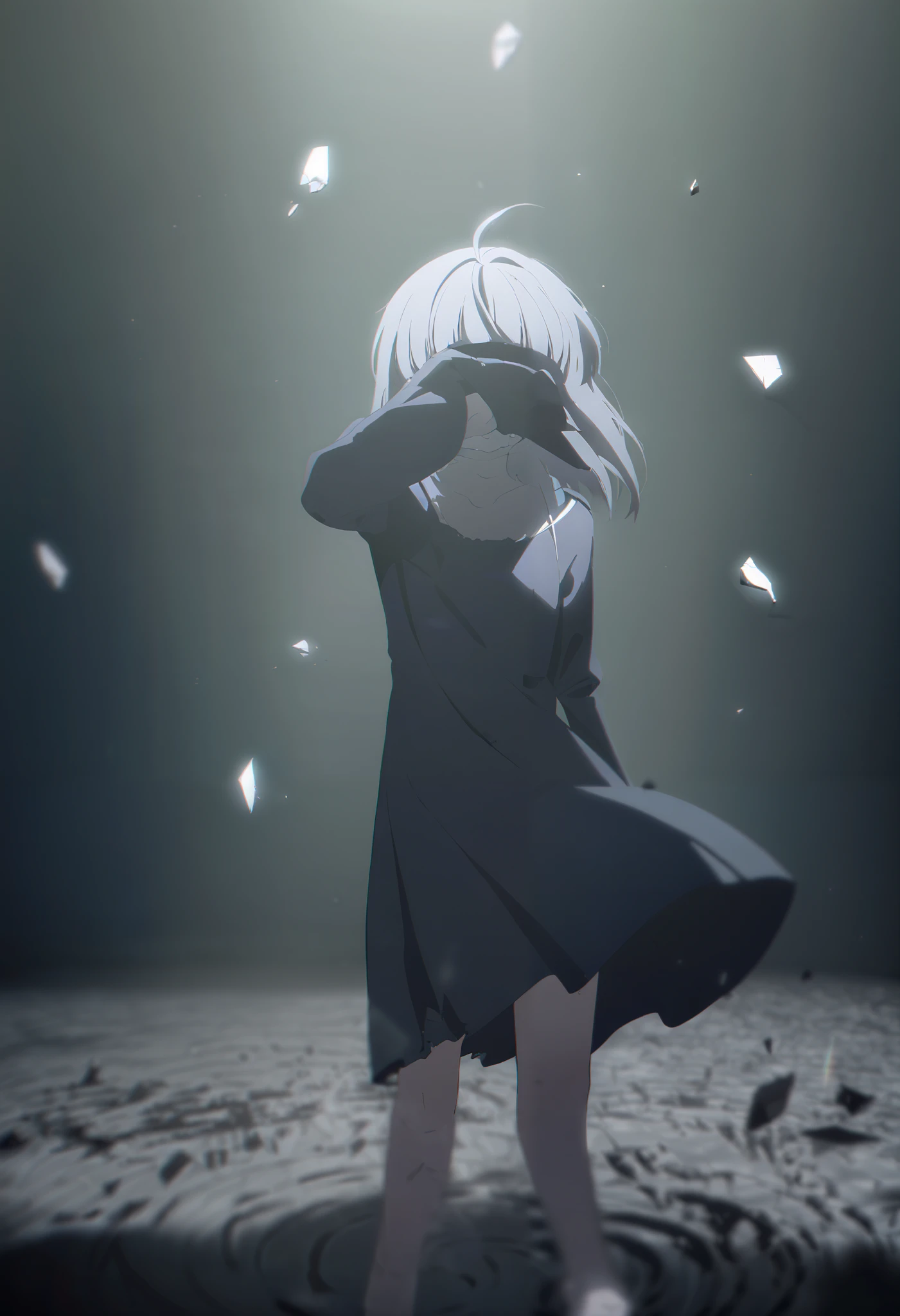 ung girl ,Gray shoulder-length hair, bangs cover your eyes , long black dress ,Can't see eyes,Shards of light , ray tracing,tear, ripples on the ground ,barefoot, seen from top to bottom, black background,Standing