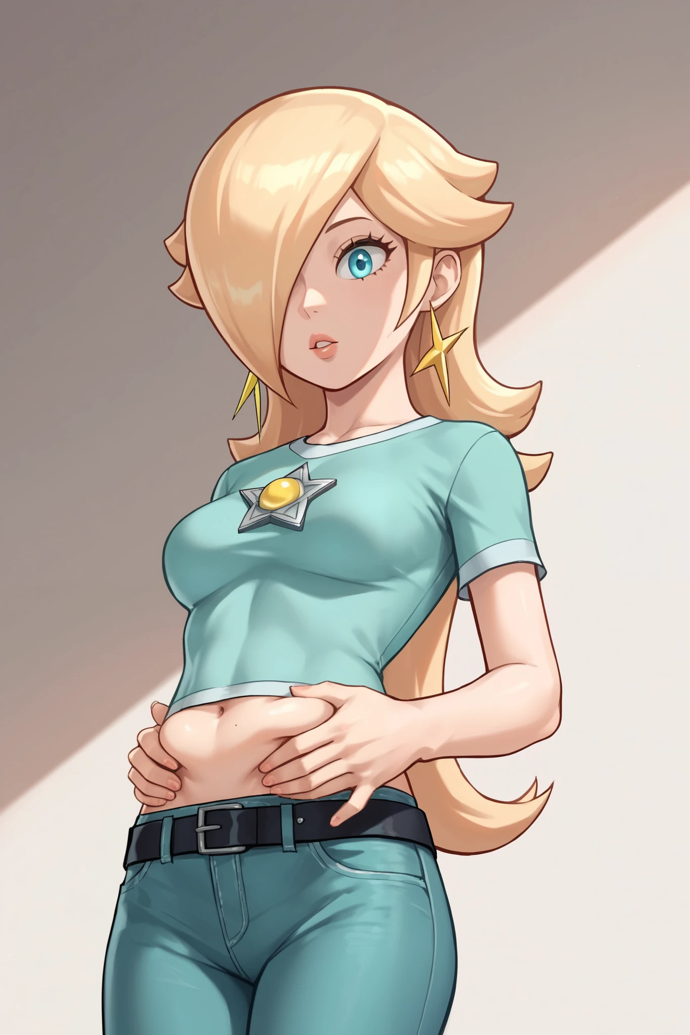score_9, score_8_up, score_7_up, source_anime, rosalina, blonde hair, blue eyes, hair over one eye, long hair, star earrings, solo, cowboy shot, black t-shirt, taut clothes, tight shirt, midriff, navel, jeans, black belt, parted lips, looking down, belly grab