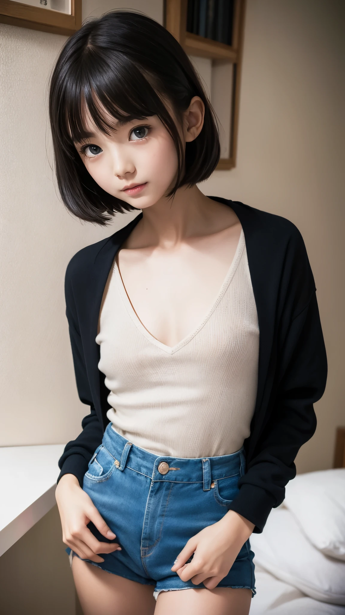 transcendental cute、ite high school girl idol 、BabClothes that show less skin , Tight, cute clothes that accentuate the chest))、 slender body line、 best quality、8k、 RAW photos 、 Ultra Fine、 reality、masterpiece、 detailed hands 、 perfect right hand