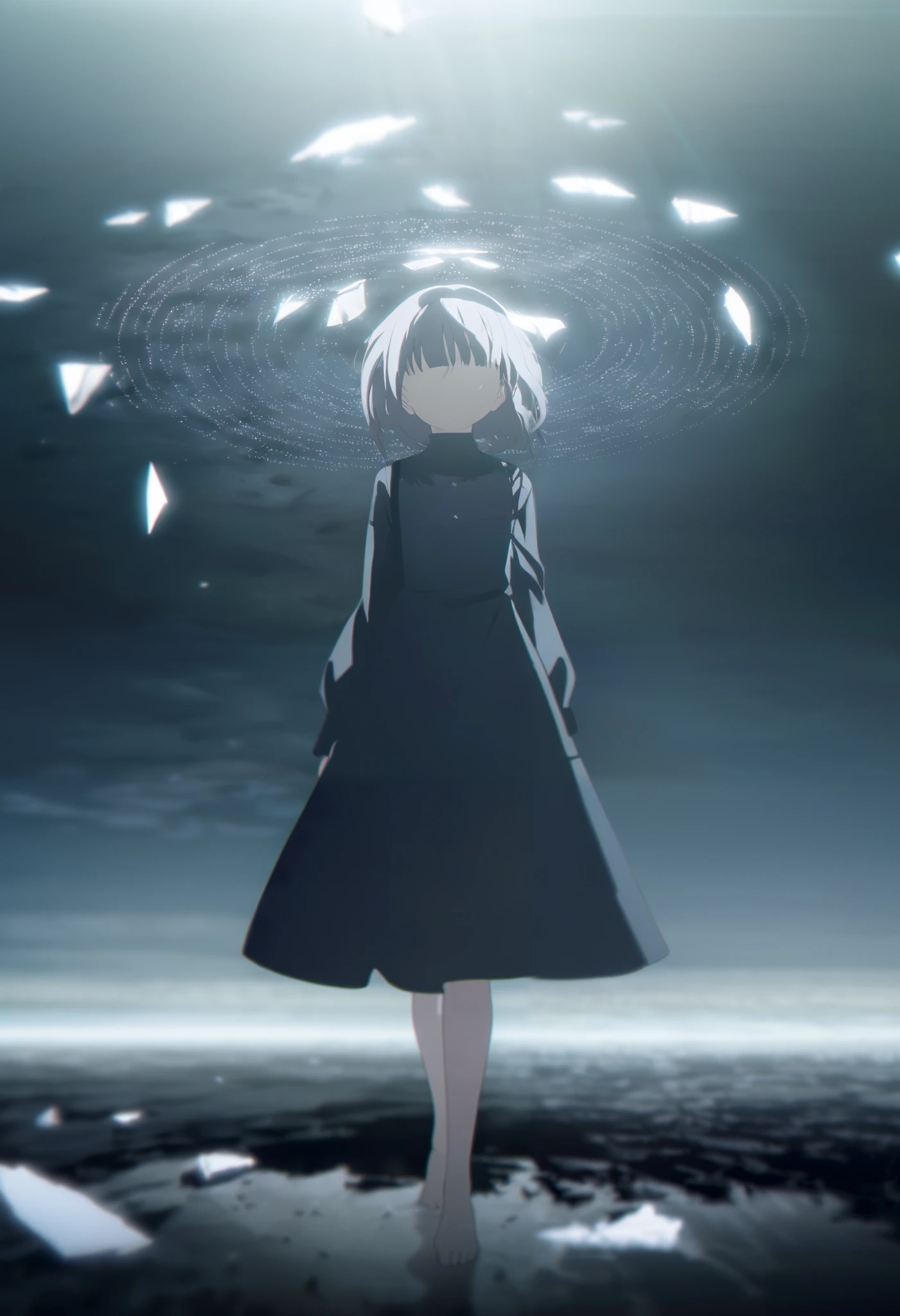  ung girl ，Short stature，Gray shoulder-length hair， bangs cover your eyes ， long black dress ，Can&#39;t see eyes，Shards of light ， ray tracing， ripples on the ground ，barefoot， black background，Standing，wind