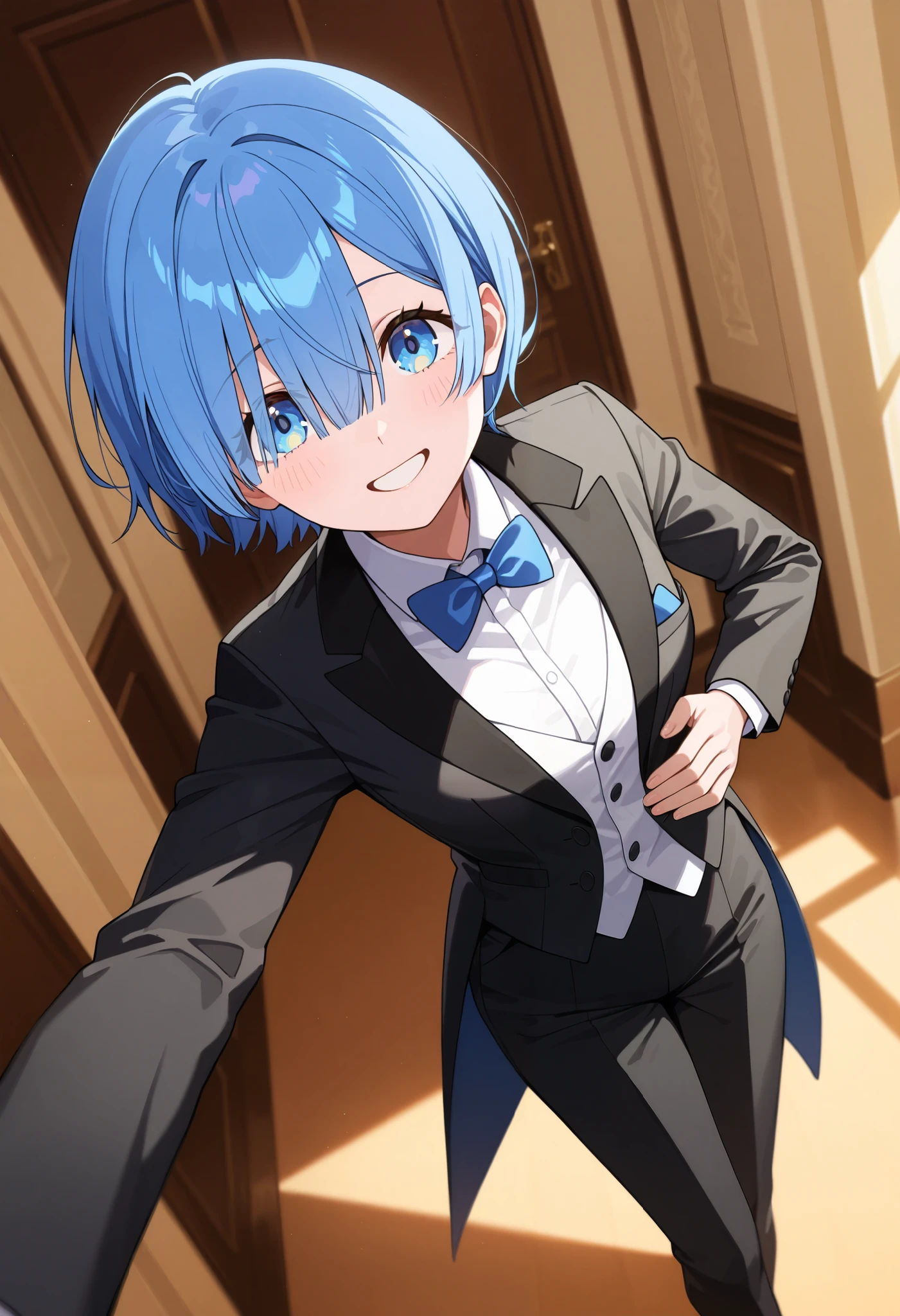 score_9, score_8_up, score_7_up, score_6_up, score_5_up, score_4_up1girl, solo, rem, suit tuxedo , , short hair, blue hair,bangs, sidelocks, indoors, standing,happy,smile,looking at viewer, cowboy shot, blue tie woman in formal attractive suit tuxedo tailcoat standing in a large alcove in the room, , reaching towards viewer , one hand , badass , hand on back