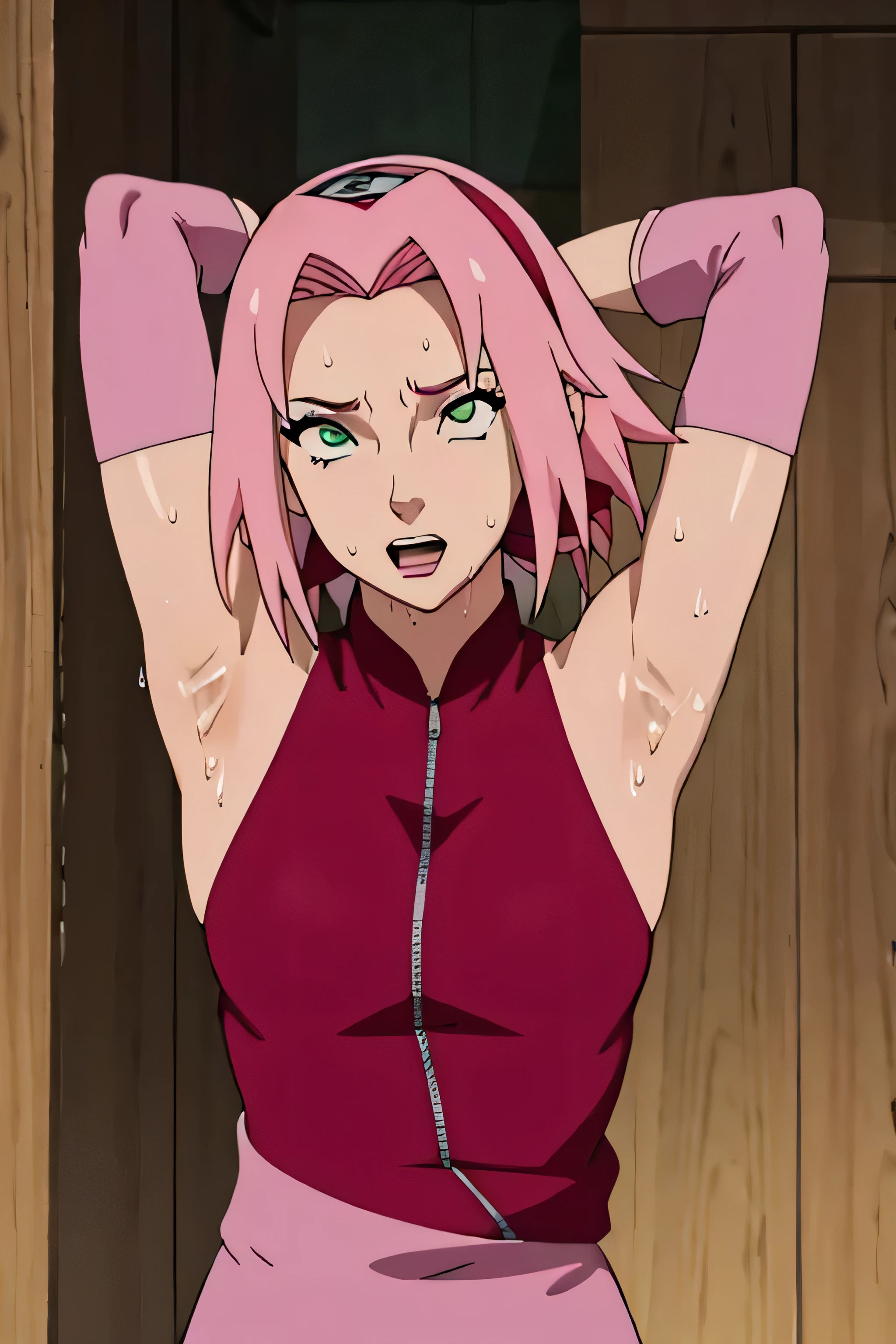 Sakura Haruno,human woman with fair skin.with green eyes and red clothing. Her hair is long and pink in color; She is beautiful. Fair skin.Tsundere face. Pink eye shading,mature appearance,armpits,sweat,sweaty,sweaty armpits,arms up,showing armpits,awesome armpits,outfit,blackish red arm warmers,maroon arm bands,maroon arm warmers,tongue