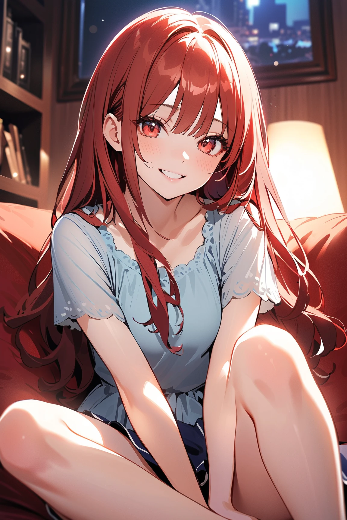 1girl with long ((!red hair))), amber eyes, fox ears, slender body, fox tail,nude, sitting on bed.bluah, emabarrased. Night, wooden home