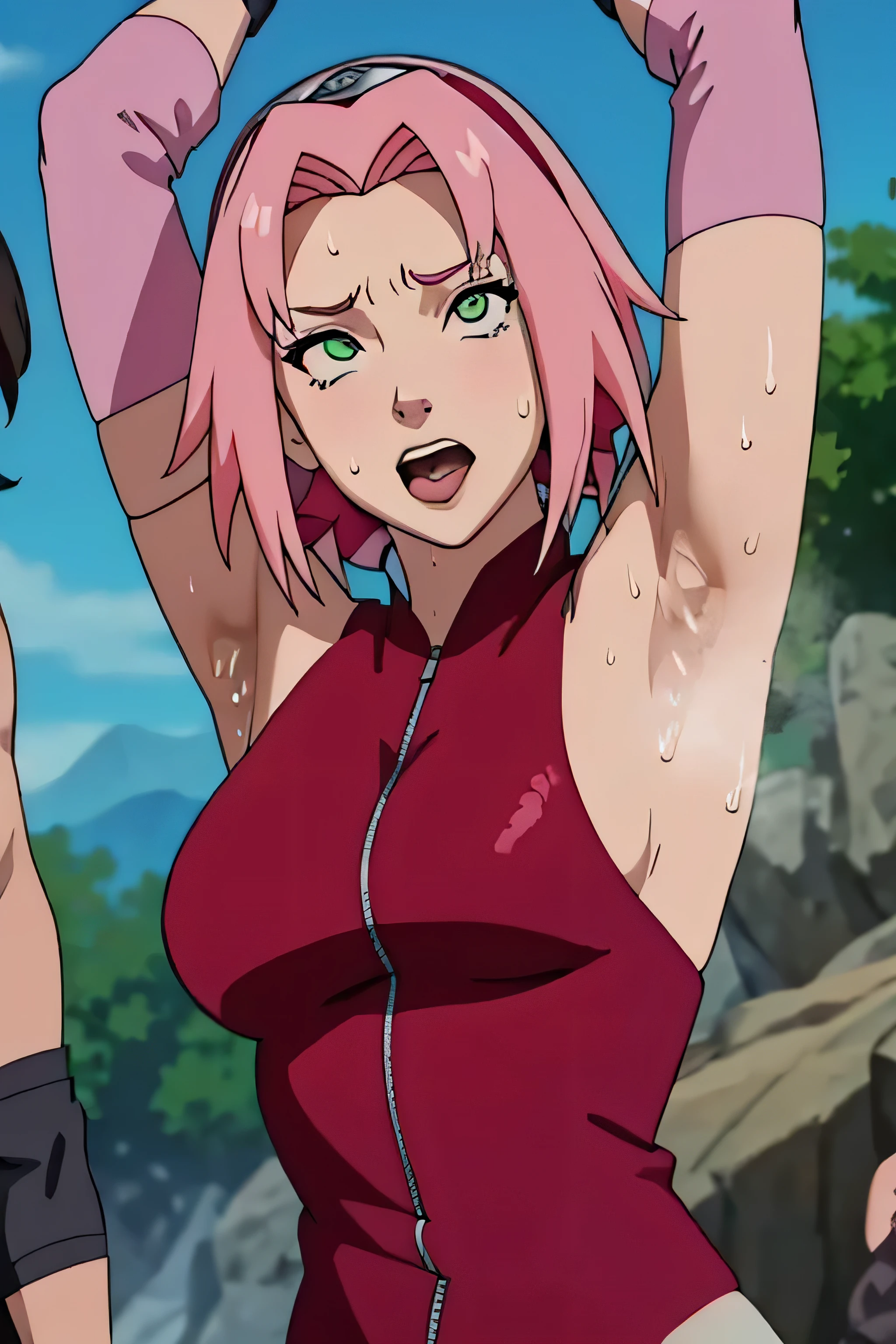 Sakura Haruno,human woman with fair skin.with green eyes and red clothing. Her hair is long and pink in color; She is beautiful. Fair skin.Tsundere face. Pink eye shading,mature appearance,armpits,sweat,sweaty,sweaty armpits,arms up,showing armpits,awesome armpits,outfit,blackish red arm warmers,maroon arm bands,maroon arm warmers,tongue