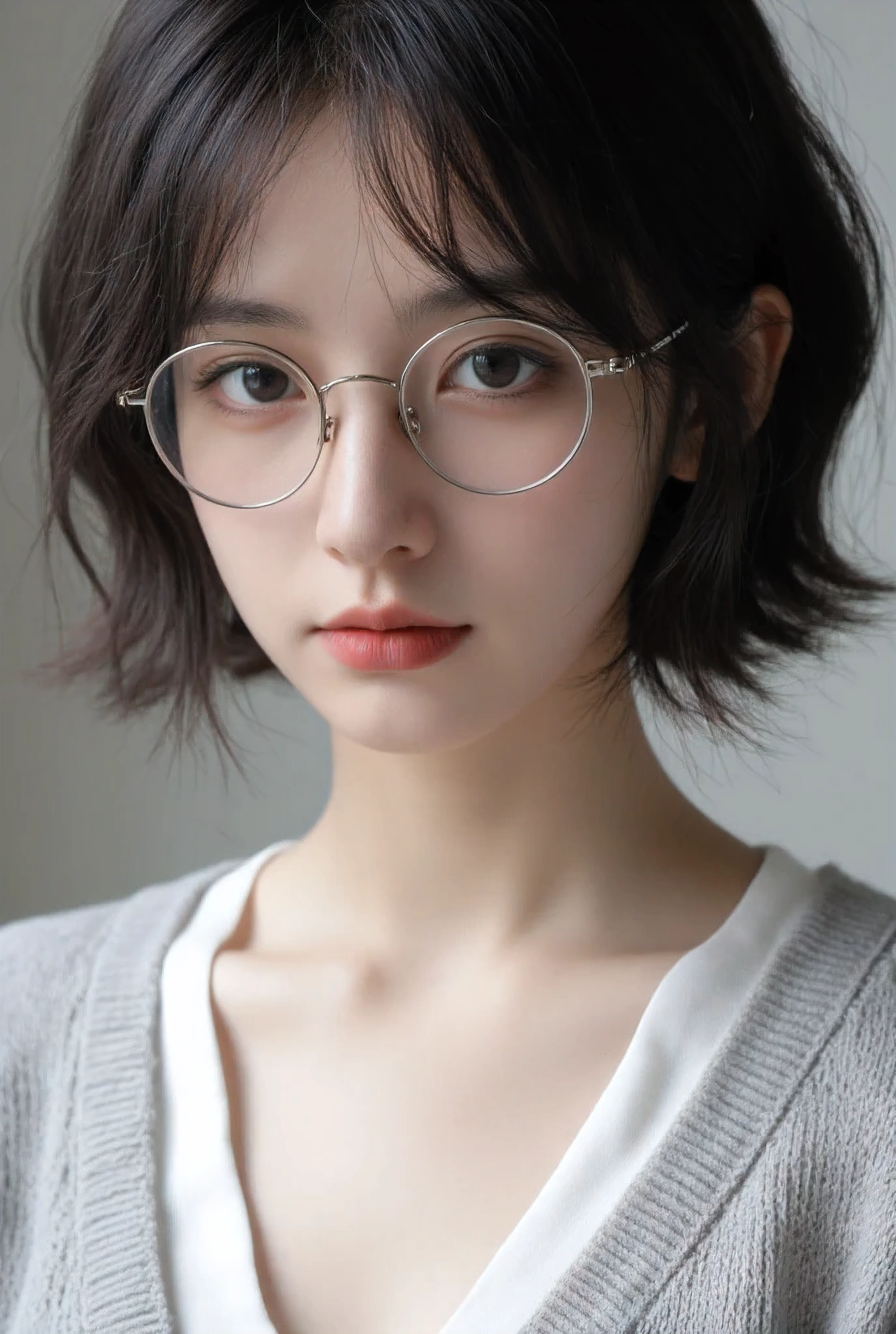 Close-up view of a young girl, -, with a cute yet elegant appearance. She has a slender, youthful face with soft, delicate features, and her expression is calm and thoughtful. Her skin is smooth and radiant, with a subtle glow enhanced by natural light that gently highlights her face. She wears round glasses that add to her bookish charm, with her short bob hair styled in soft, loose curls that gently frame her face, adding a natural, textured look. A few strands of her bob fall to the side, giving a casual yet elegant vibe. The top of her outfit is a soft, light gray cardigan layered over a simple white blouse, with the cardigan's texture clearly visible. The background is blurred into a soft, neutral gradient, allowing the focus to stay on her clear, lifelike expression and detailed features. The natural light casts soft shadows on her face, giving the image depth and realism, capturing her youthful innocence and elegance in exquisite detail.