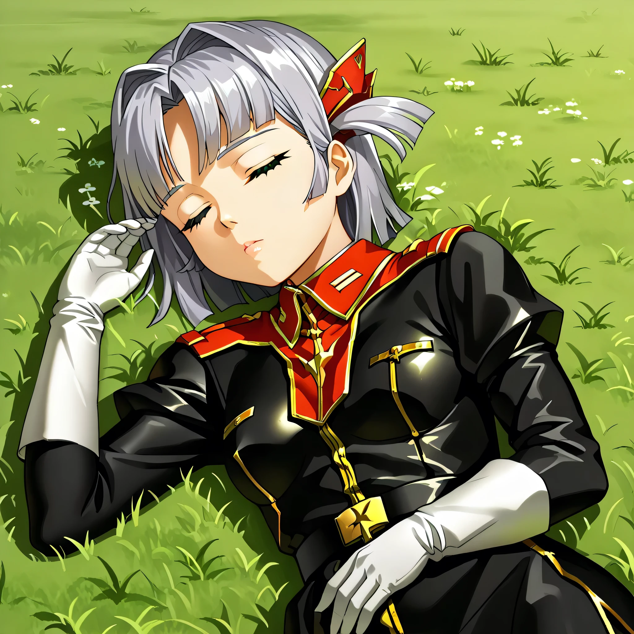 ultra-High resolution, score_9,score_8_up,score_7_up,score_6_up,score_5_up,score_4_up, BREAK, source_anime, anime screencap, uncensored, rating_explicit, Masterpiece, curvy, looking at viewer, (((solo, 1girl))), hair ornament, (((TitanOutfit))), full body, small breast, seductive pose, submissive pose, kousaka rui, green eyes, grey hair, light purple hair, short hair, two side up, (((sleeping, closed eyes, lying down on grass)))