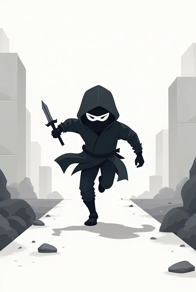 um ninja, segurando uma espada katana , jogo plataform 2 d, Arte no estilo de Joshy Sly, Imagem 2D, Plataforma 2D, Minimalismo 2D, Jogo 2D, fundo branco, cinematic masterpiece, formas desconectadas, em estilo de realismo simplificado, minimal art, Ativo de jogo 2D