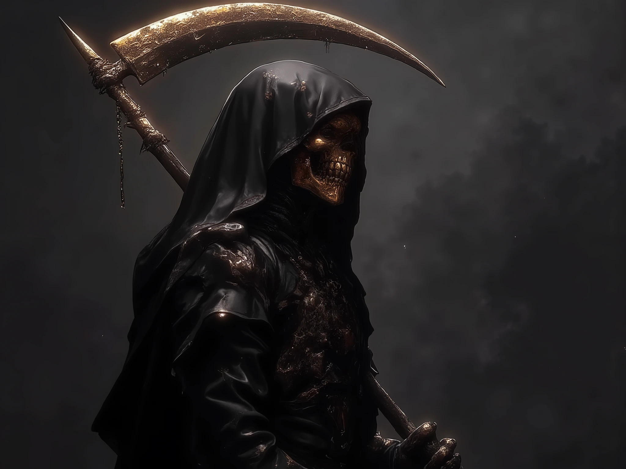 Low key portrait, Game character, Portrait of the Angel of Death, in the form of a golden skull, wearing a fully closed black cloth robe, looking coldly to the side, holding a large bronze sickle spear. Minimalist dark gray gradient background, soft cinematic light, misty, very detailed, clear aura of serious authority
