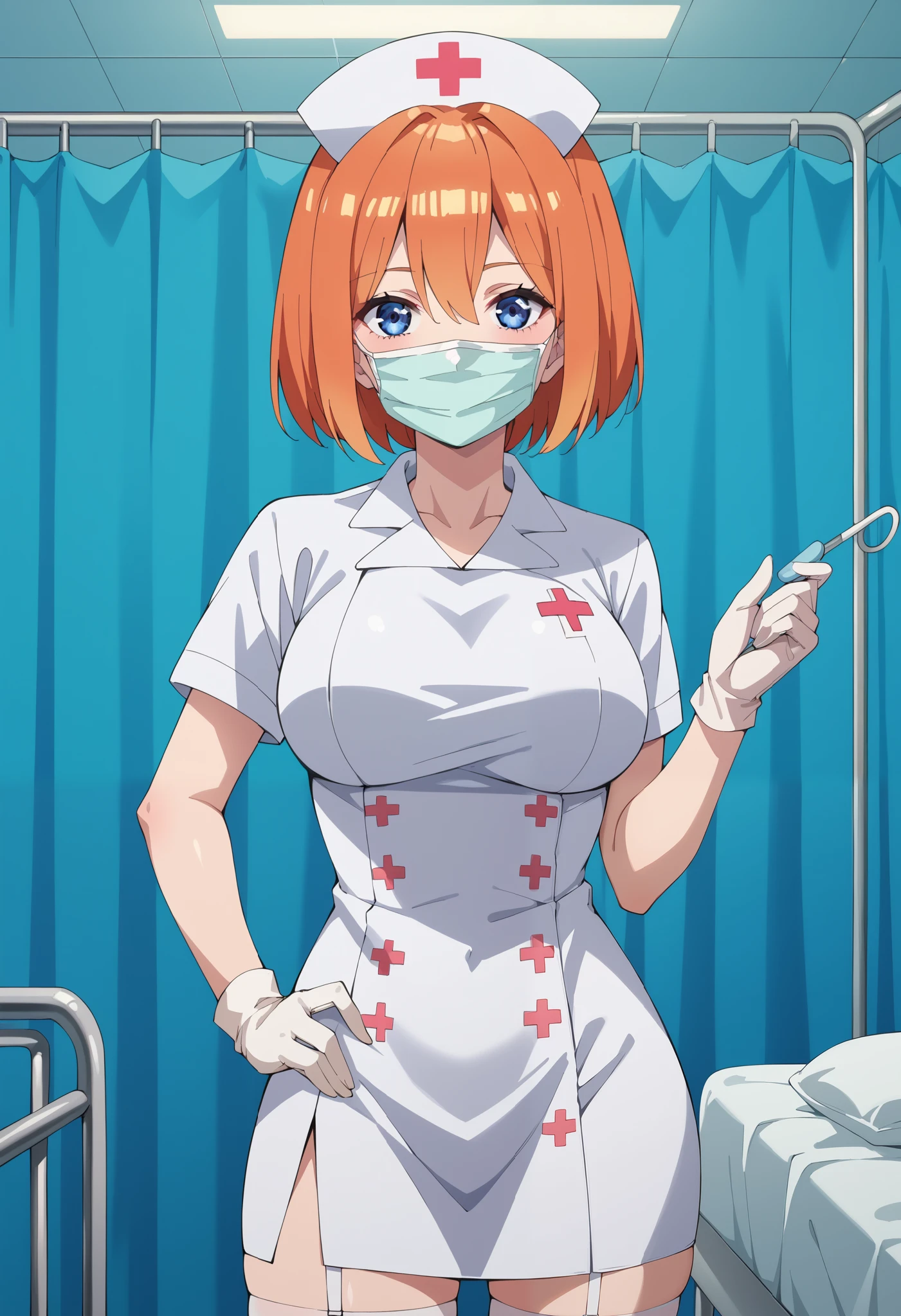 Score_9, score_8_up, score_7_up, source_anime, yotsuba nakano, bangs, short hair, blue eyes, hair between eyes, orange hair, large breasts, (best quality), (high quality), {masterpiece}, extremely delicate and beautiful, ultra-detailed, beautiful detailed eyes, nurse, nurse hat, ((white nurse's outfit)), white gloves, white legwear, zettai ryouiki, hospital room, ((white surgical mask, covered nose)), standing