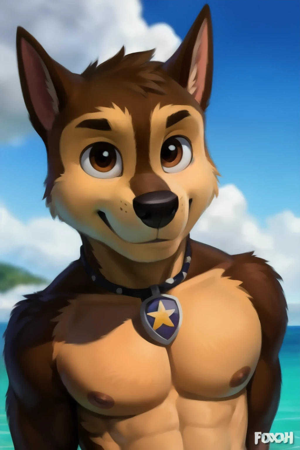 Chase smirking as he is exposing his body to the POV viewer, his arms above his head as he wants him desperately, detailed fluffy fur texture, impasto impressionism, (by foxovh, ross tran, michael garmash, pino daeni, iskra), detailed eyes, highly detailed pupils, solo, furry, anthro, chase-pp, domestic dog, male, brown eyes, brown fur, light brown body, fur body, naked, detailed fluffy fur texture, curvy, oiled up, 1boy, moaning face