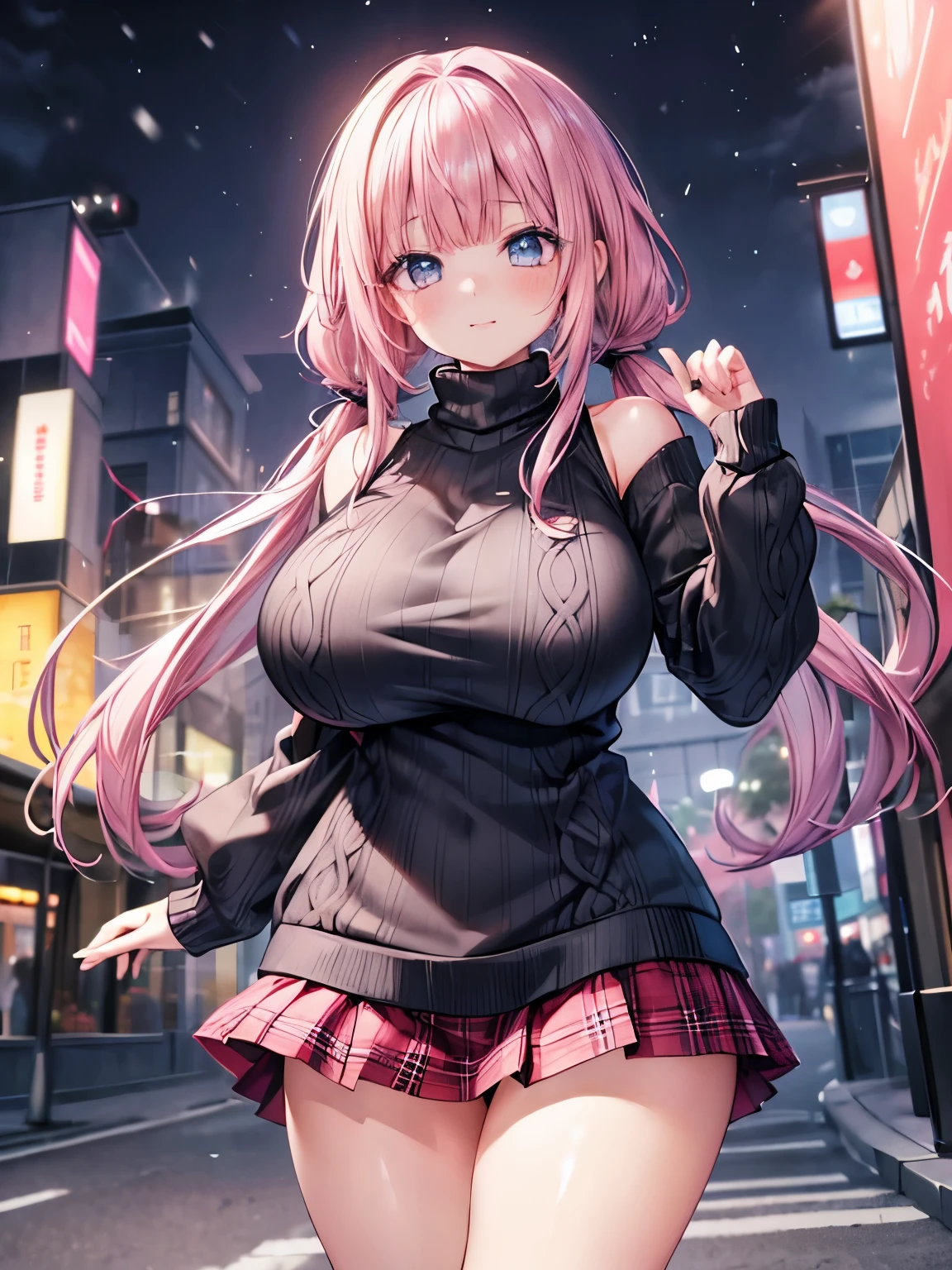  beautiful eyes,とてもかわいいface, Beautiful Japanese Girl,( solo girl),(gigantic breasts),( Laugh with your mouth wide open ,Happy expression),( Pink Hair ,Cross Bangs ),(pink low twintails hair),( big light blue eyes),View Viewer,break,(black sweater,black sweater dress, black high neck sweater,Sleeves past the wrist, plaid micro miniskirt :1.3), is snowing,night, is standing(masterpiece,  best quality), Masterpiece,とても美しい  Details CG, ( Details_face:1.2) ,4K,8k ,  perfect hand, perfect anatomy