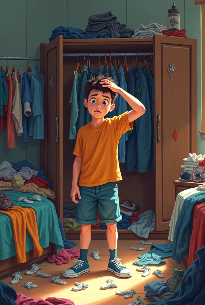 thirteen-year-old boy, poor, sad, sitting writing in his diary crying wearing dirty clothes and house looking dirty, realistic, torn coat
